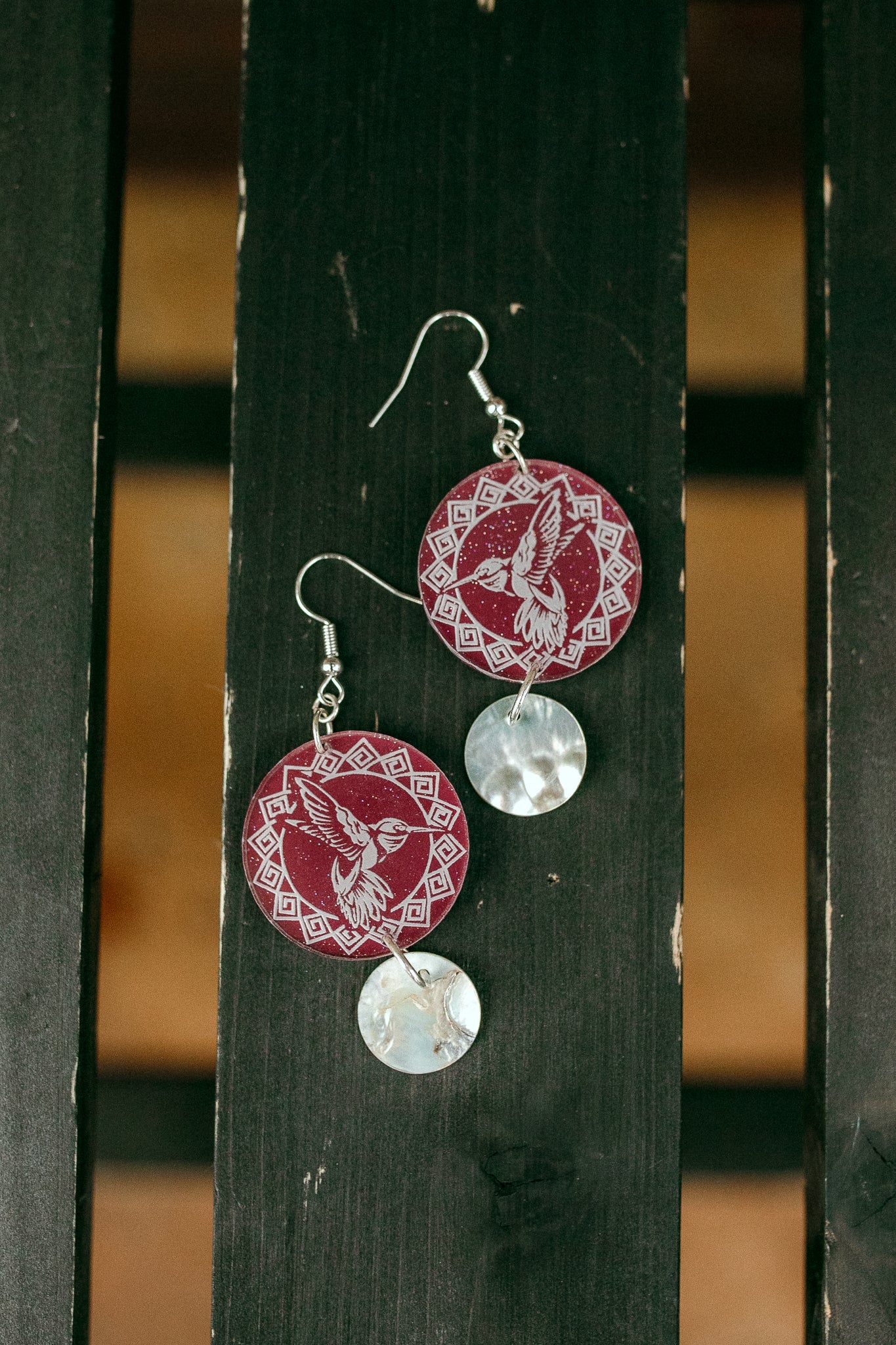 A Native Touch Earrings - Round Maroon Hummingbird Laser Print Design