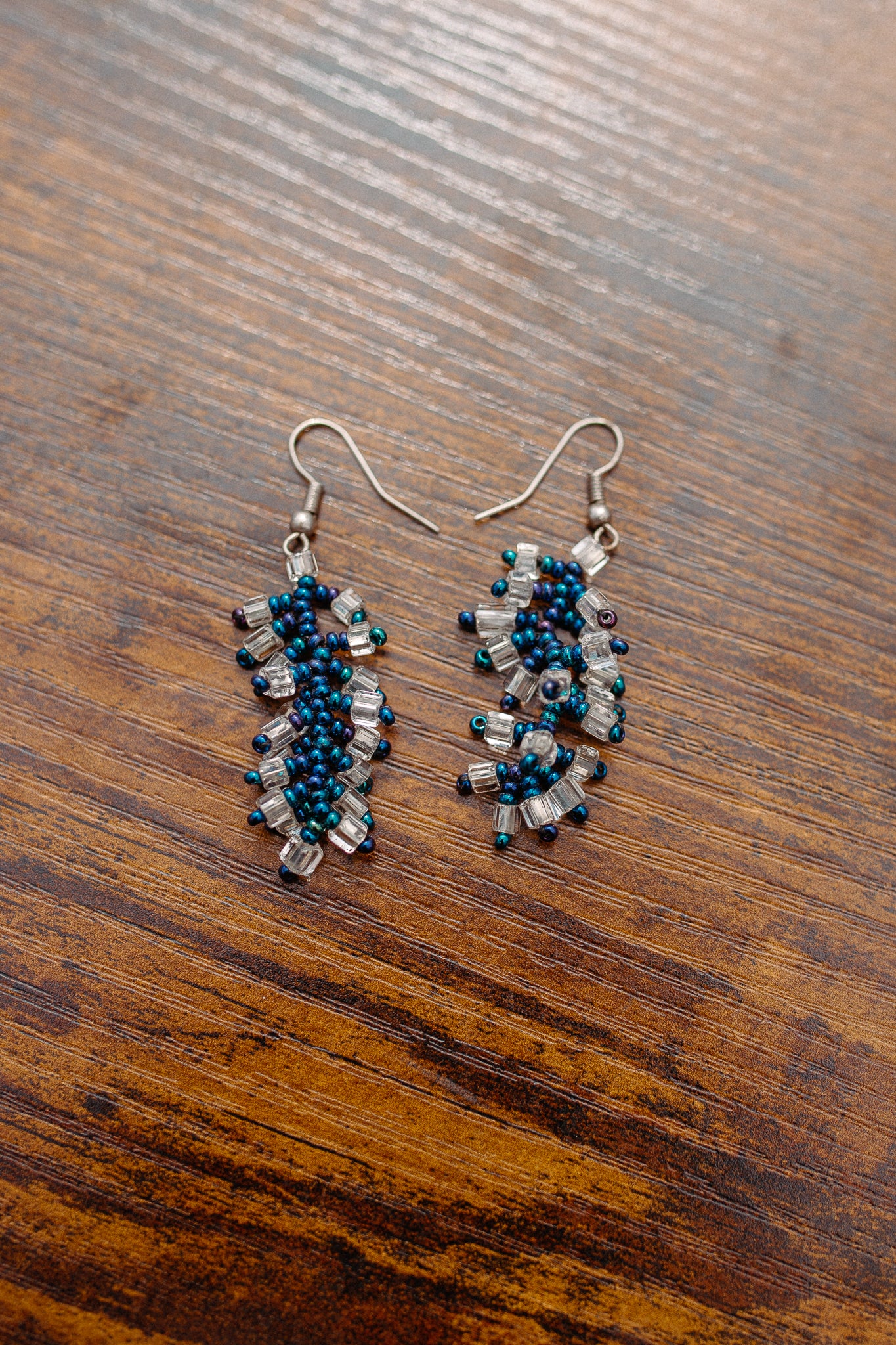 Blue Chrome Clear Beaded Ecuadorian Earrings