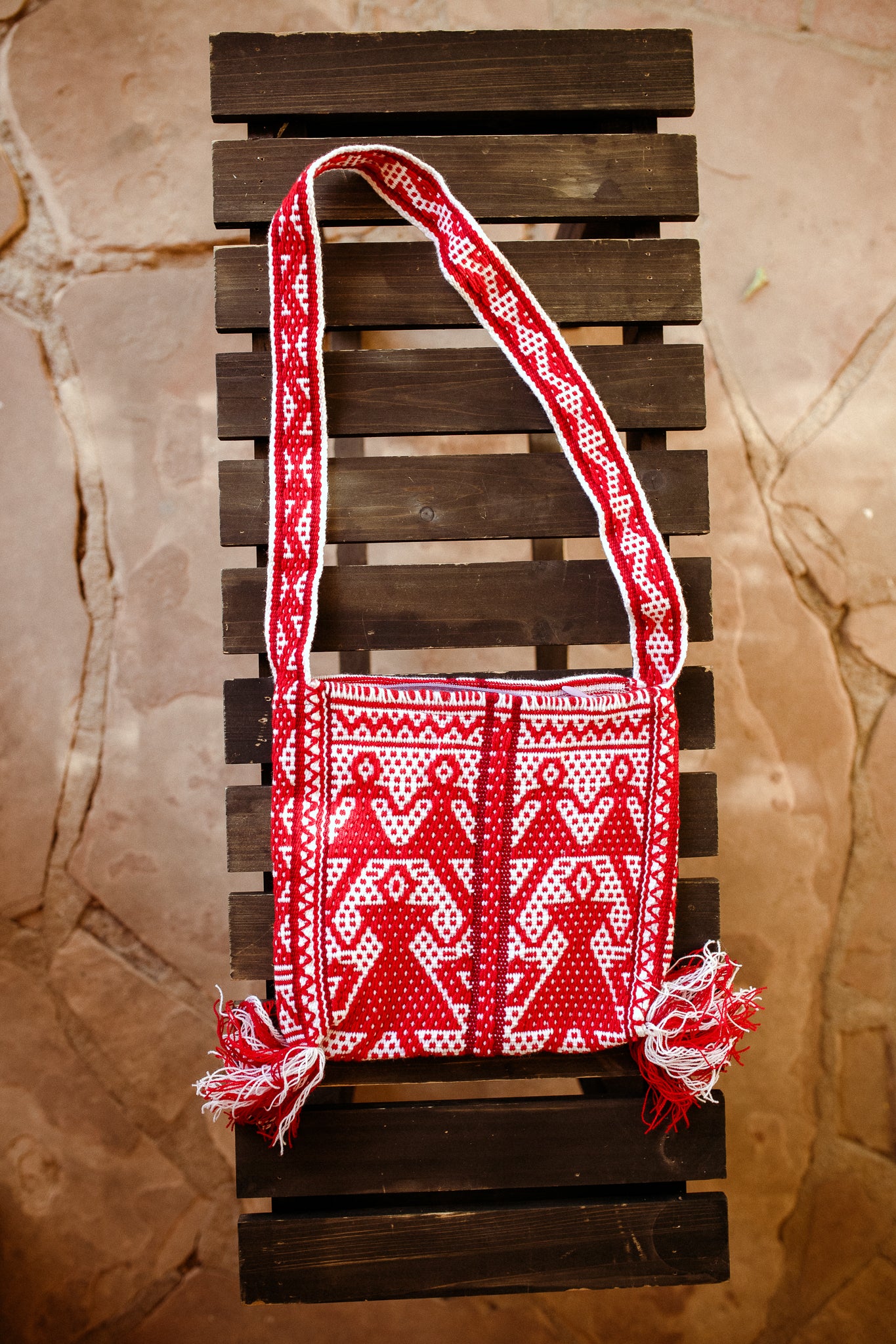 Woven Morral with Zipper - Red & White