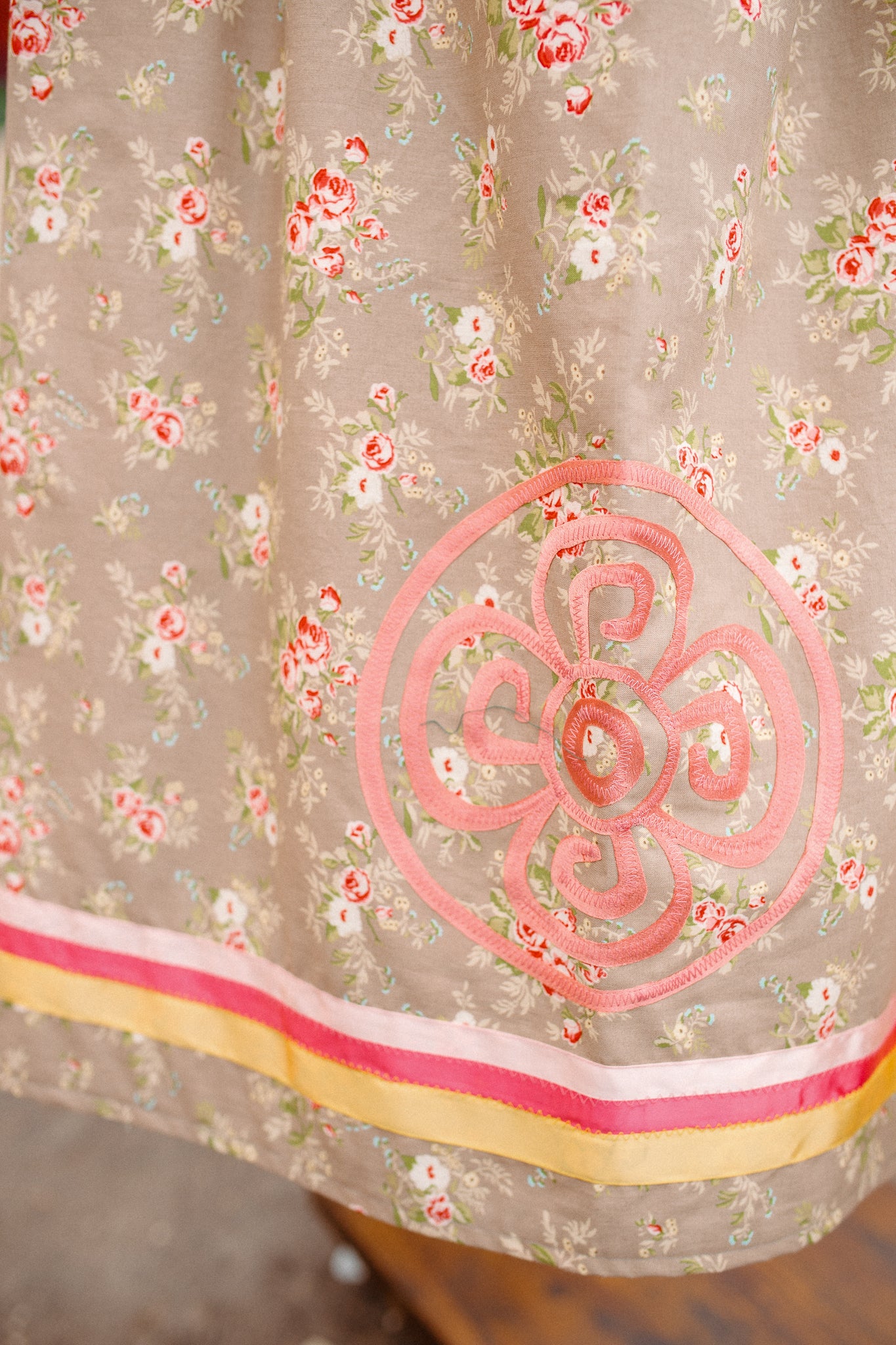 Tammy's O'odham Beige Flor Yellow Pink Design XL Ribbon Skirt