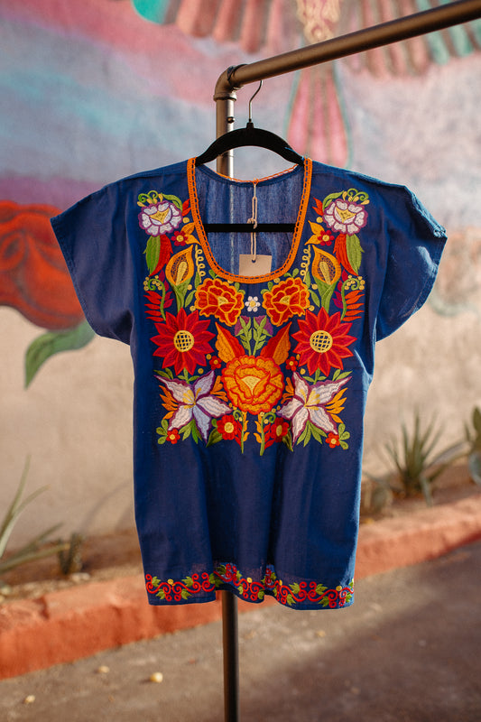 Cobalt Blue Huipil Tenango - Medium Orange Trim