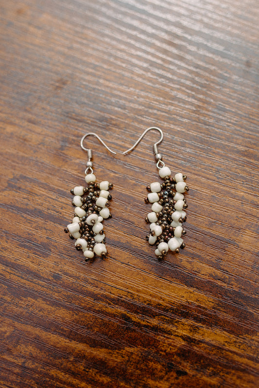 Cream Chrome Beaded Ecuadorian Earrings