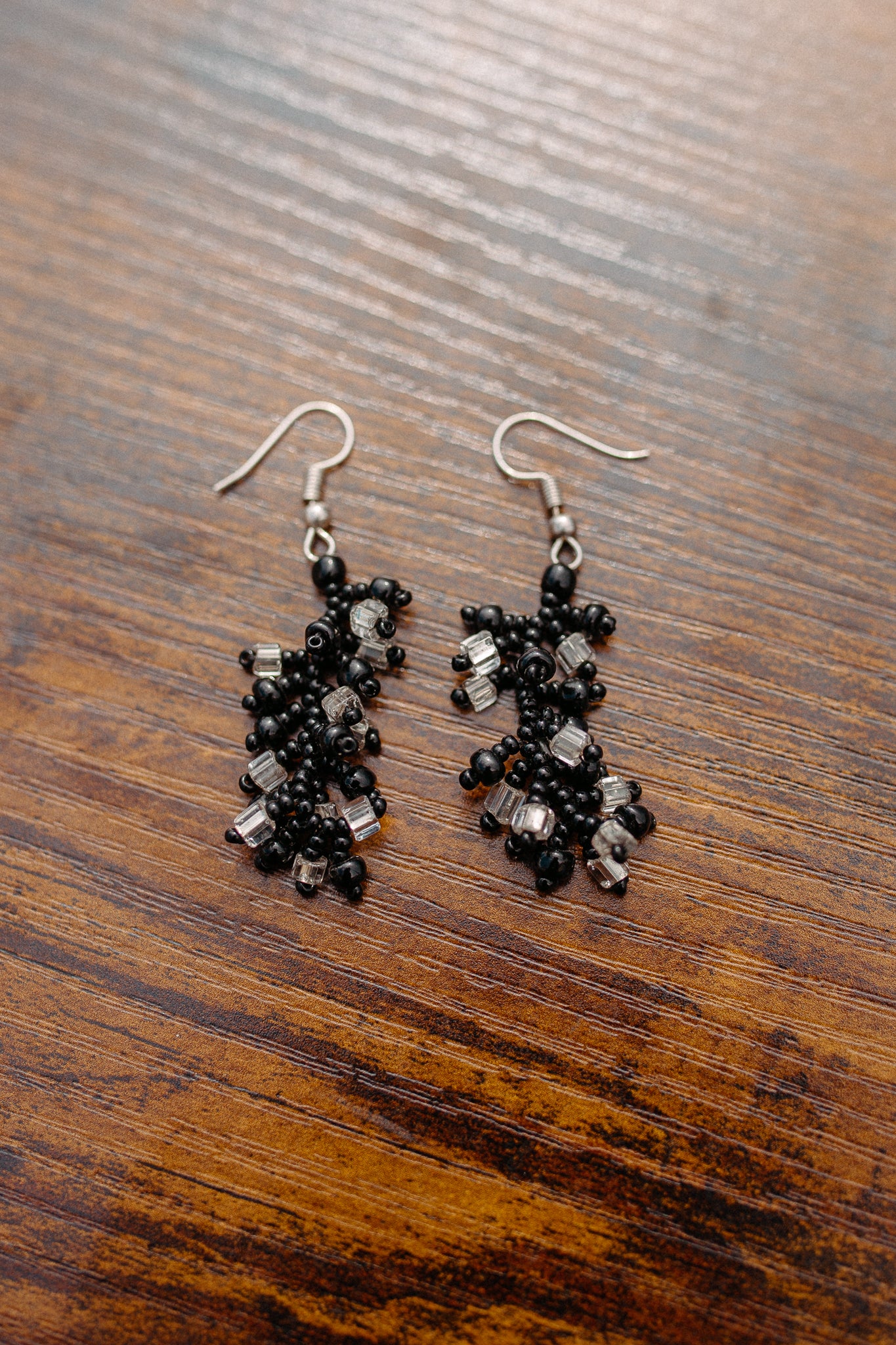 Clear Black Beaded Ecuadorian Earrings