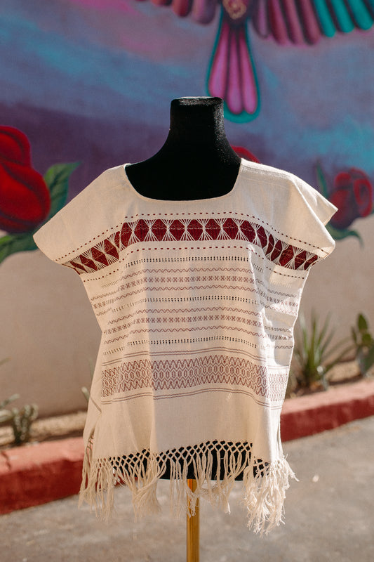 Cream Woven Huipil Deshilado with Fringe