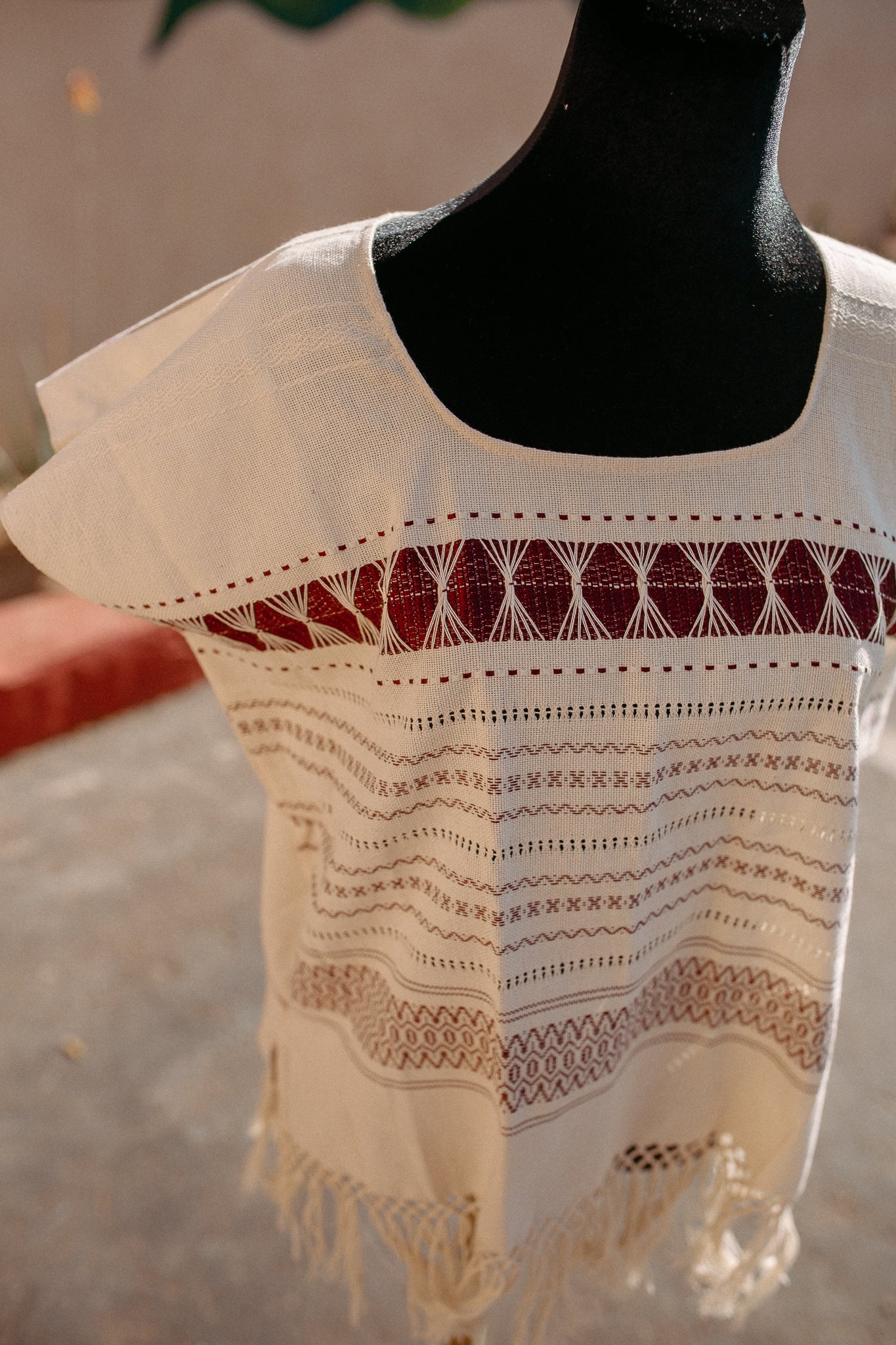 Cream Woven Huipil Deshilado with Fringe