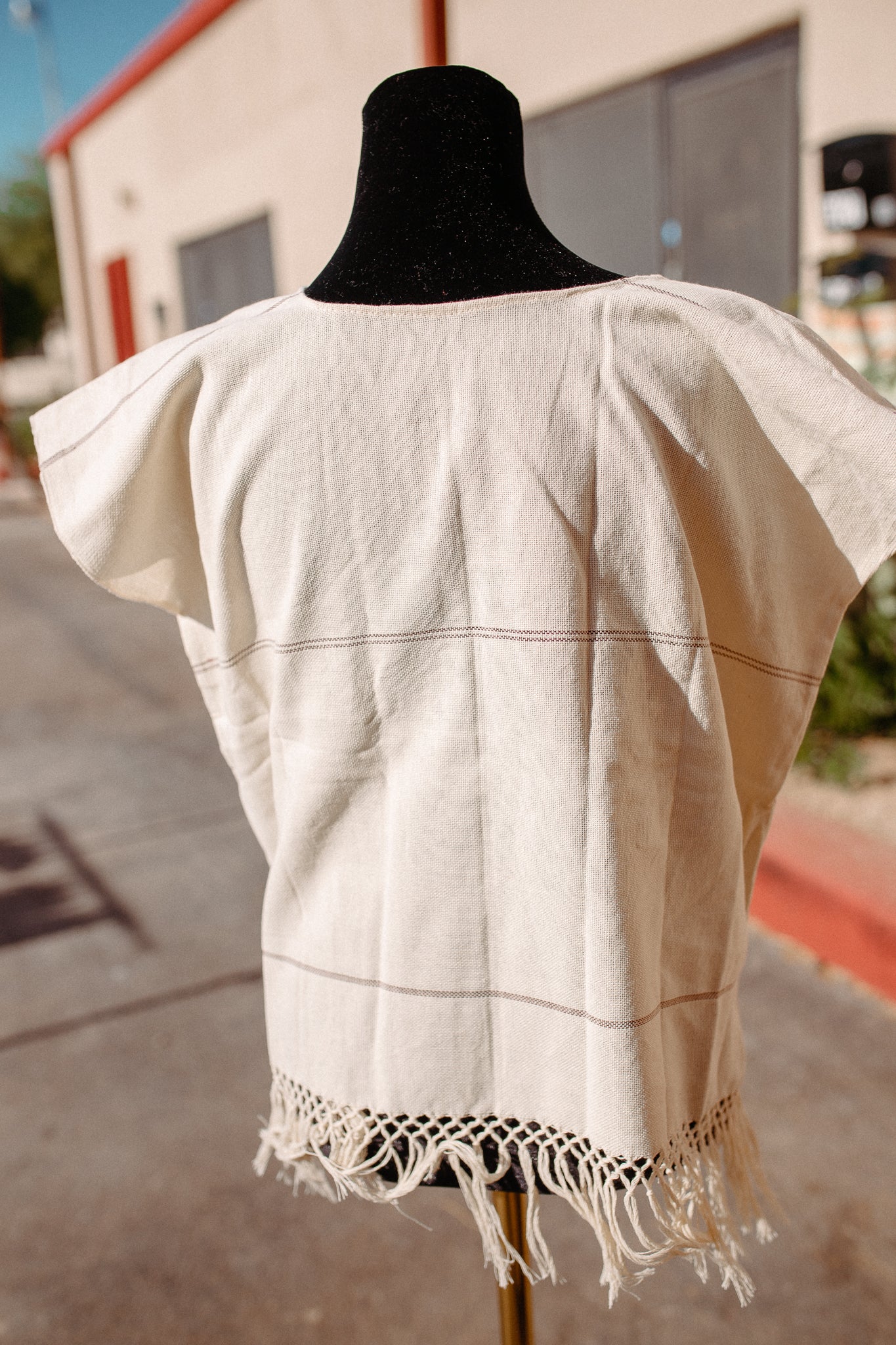 Cream Woven Huipil Deshilado with Fringe