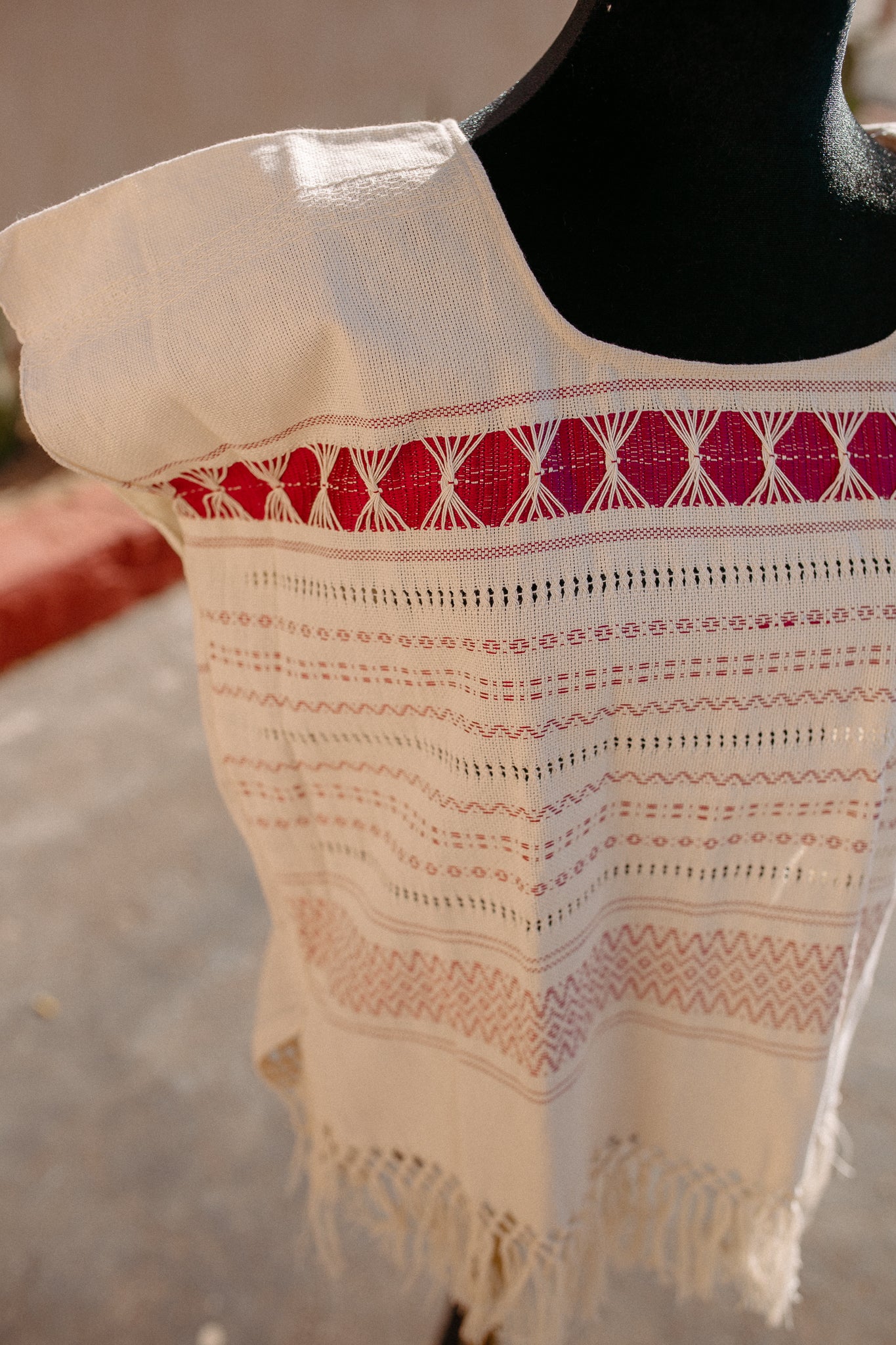 Cream Woven Huipil Deshilado with Fringe