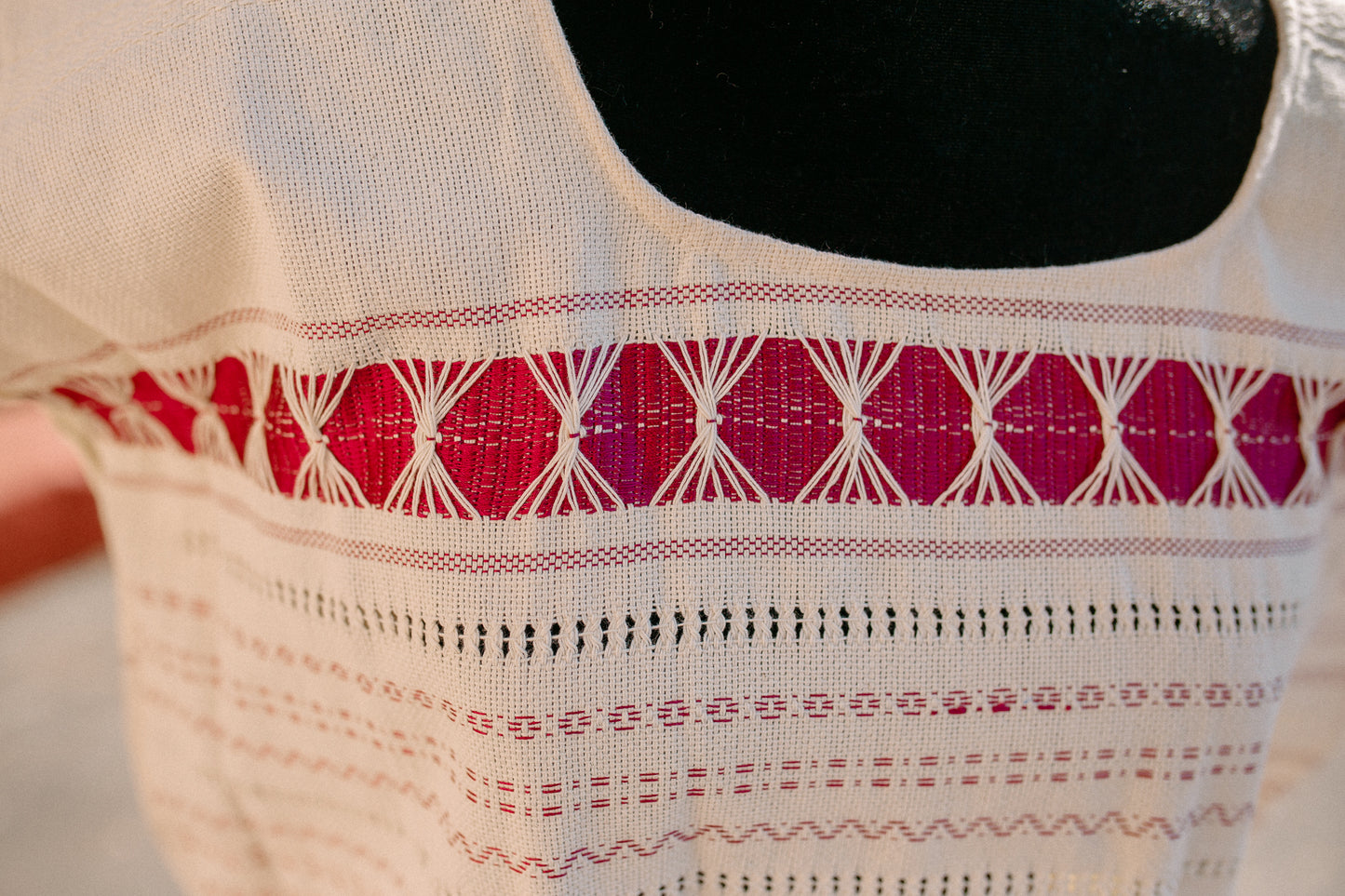 Cream Woven Huipil Deshilado with Fringe