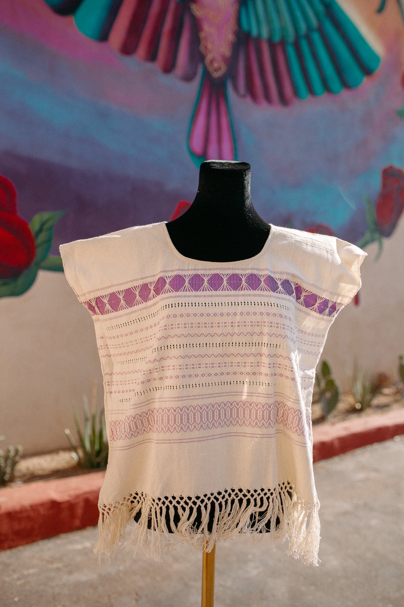 Cream Woven Huipil Deshilado with Fringe