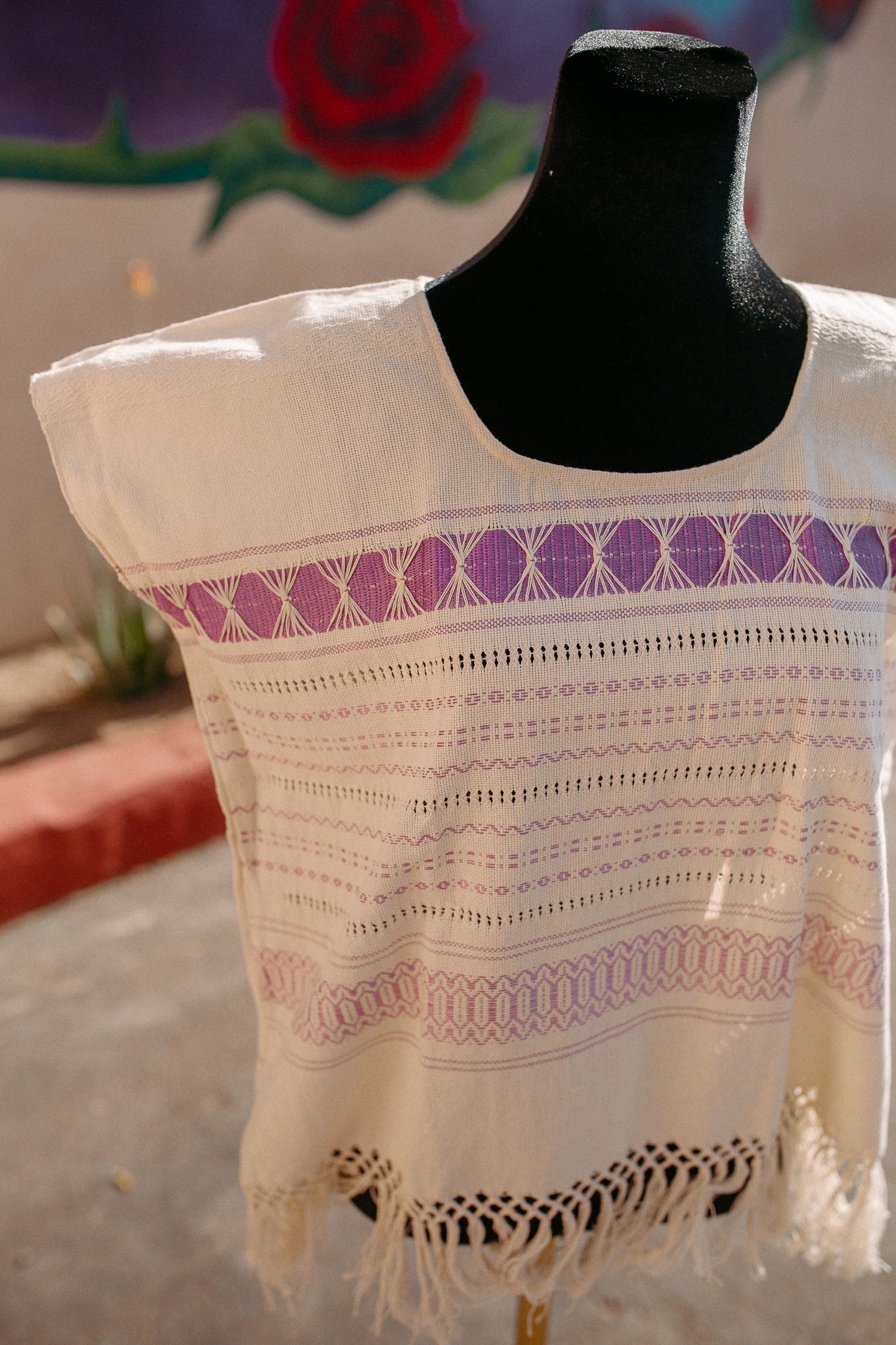 Cream Woven Huipil Deshilado with Fringe
