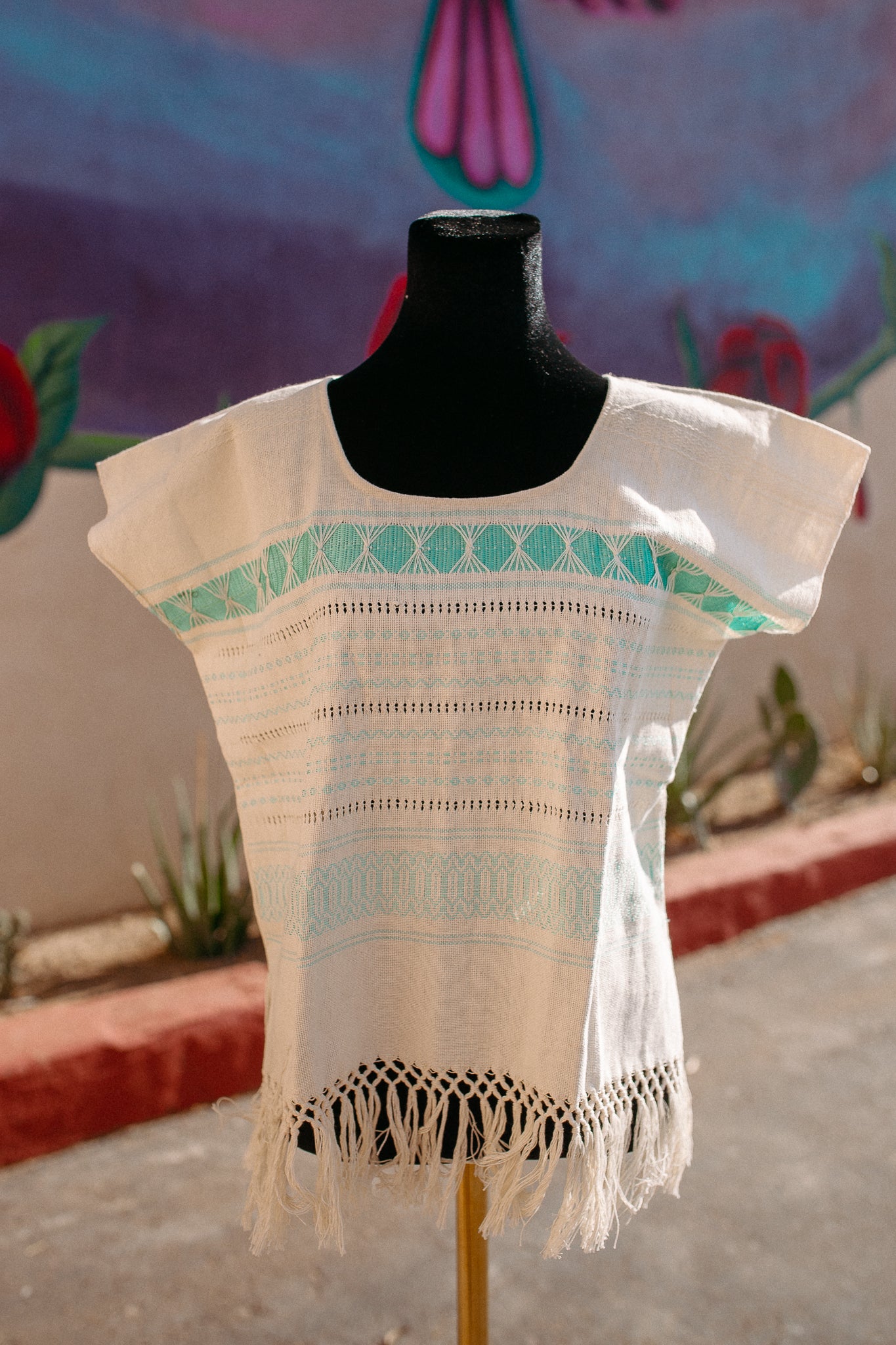 Cream Woven Huipil Deshilado with Fringe
