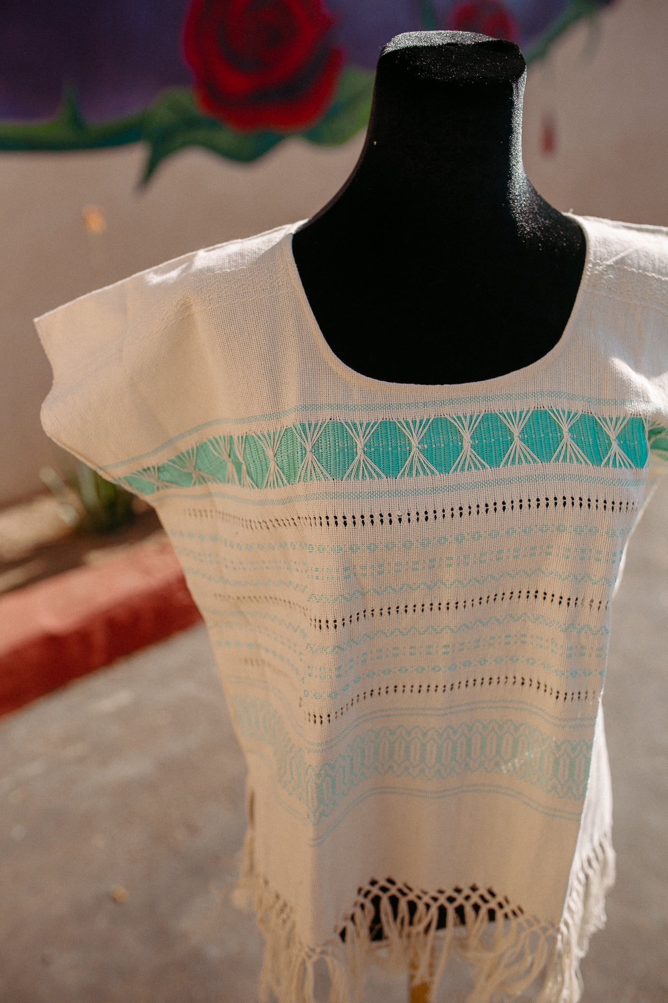 Cream Woven Huipil Deshilado with Fringe