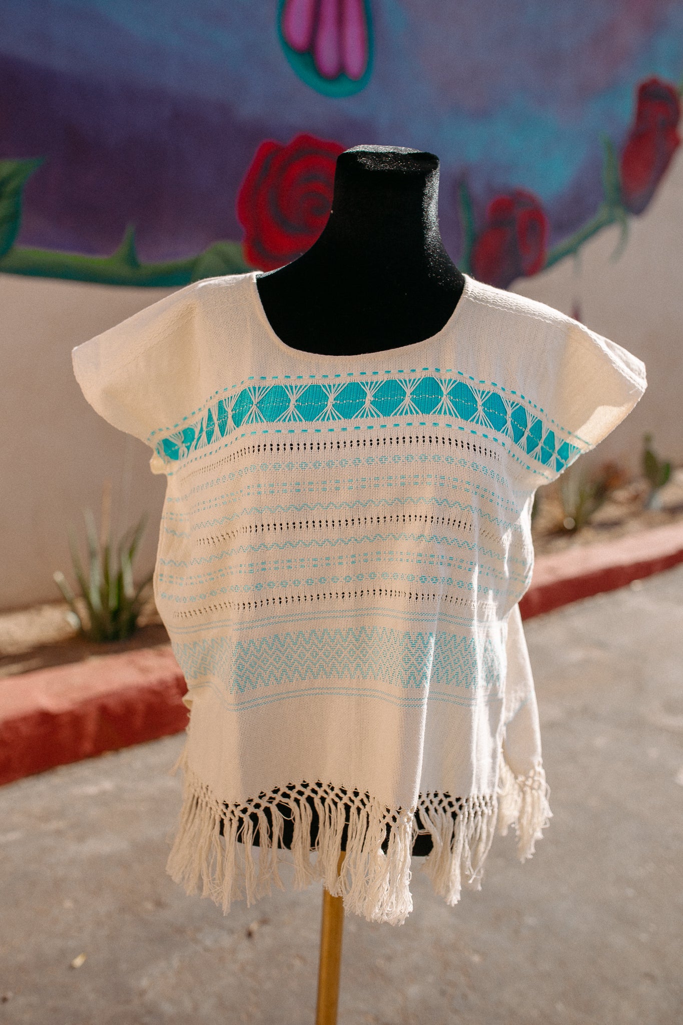 Cream Woven Huipil Deshilado with Fringe