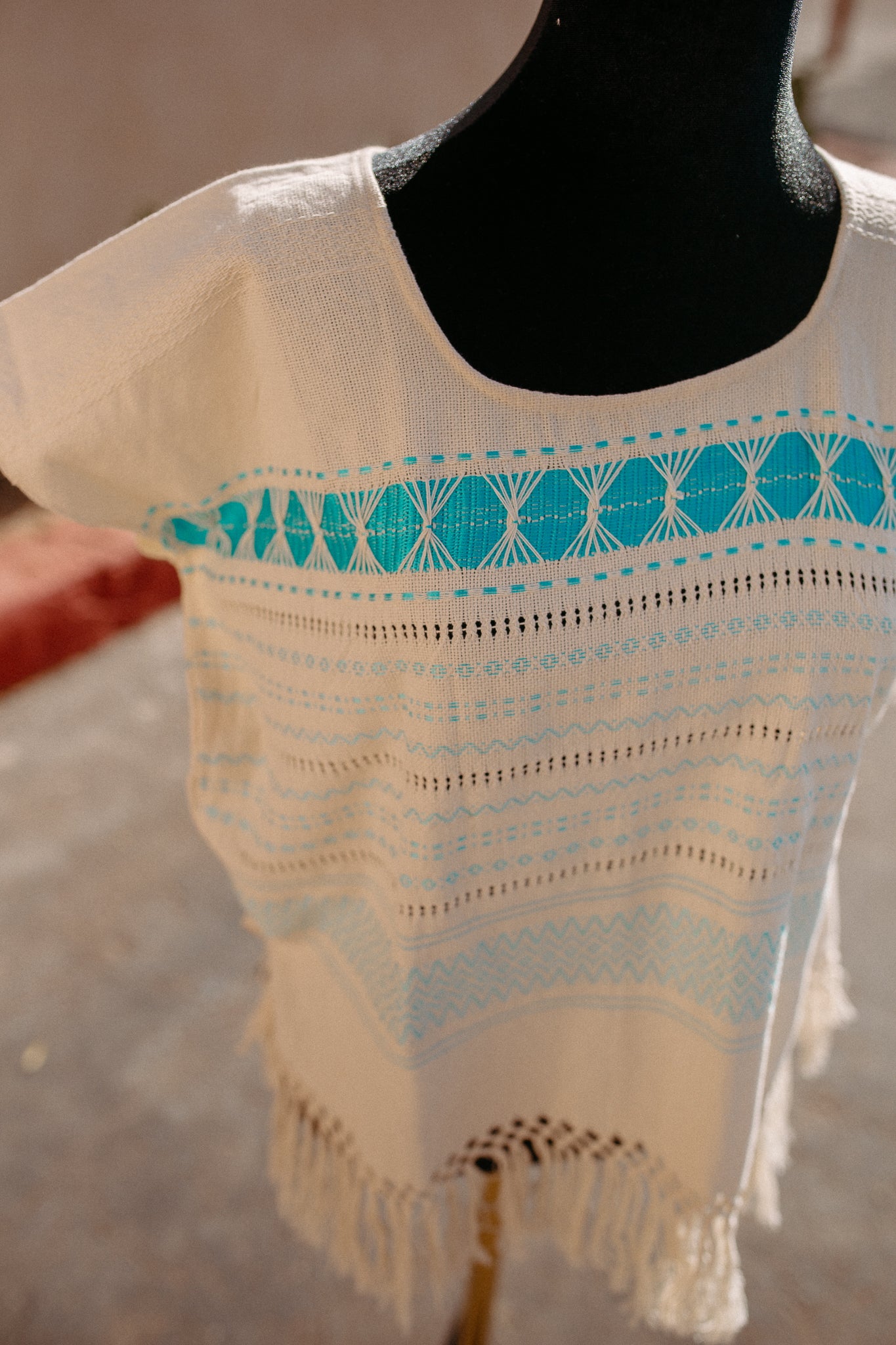 Cream Woven Huipil Deshilado with Fringe