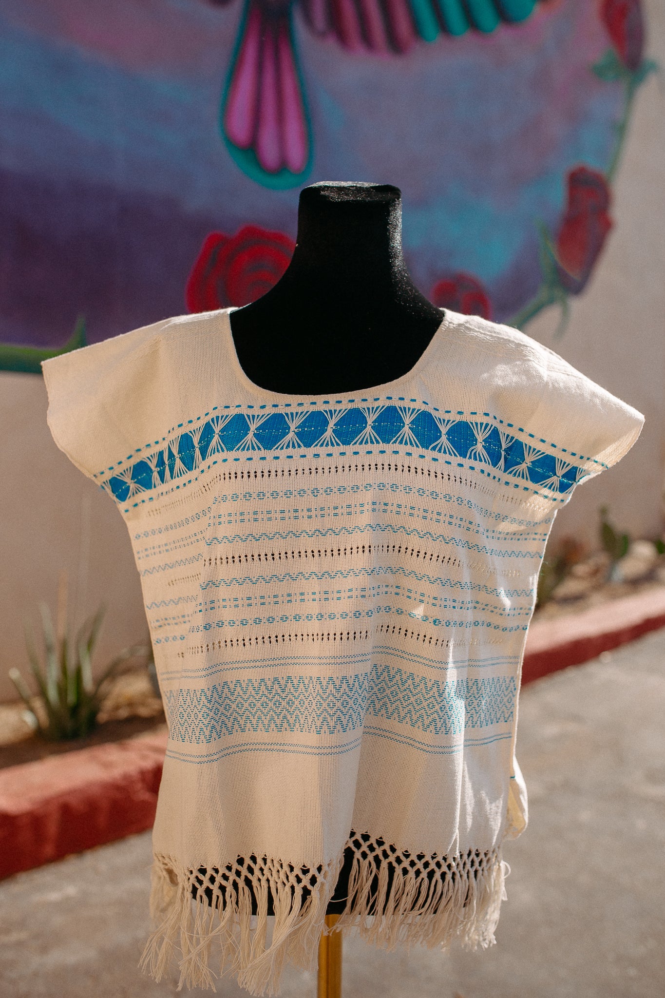 Cream Woven Huipil Deshilado with Fringe
