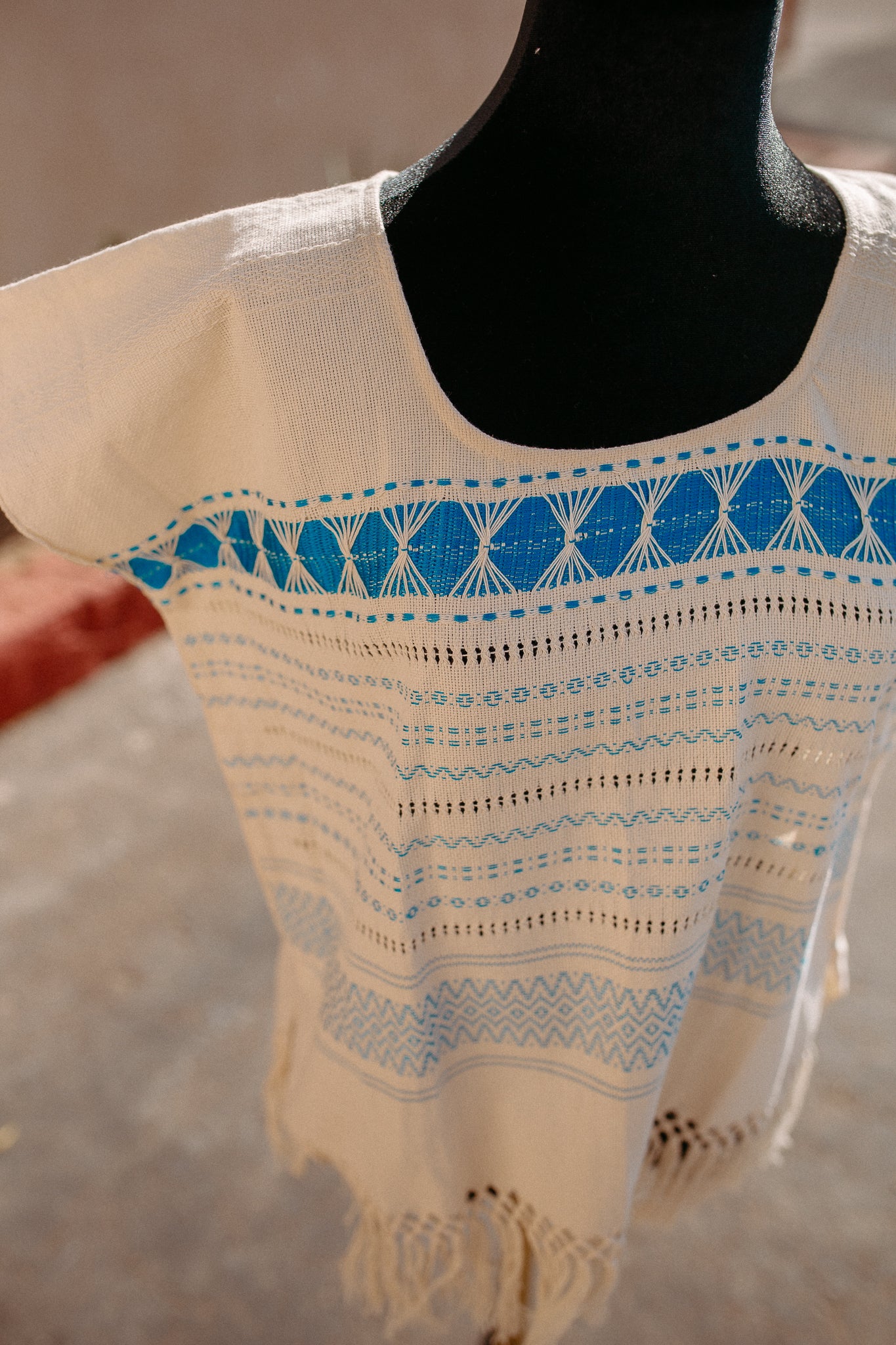 Cream Woven Huipil Deshilado with Fringe