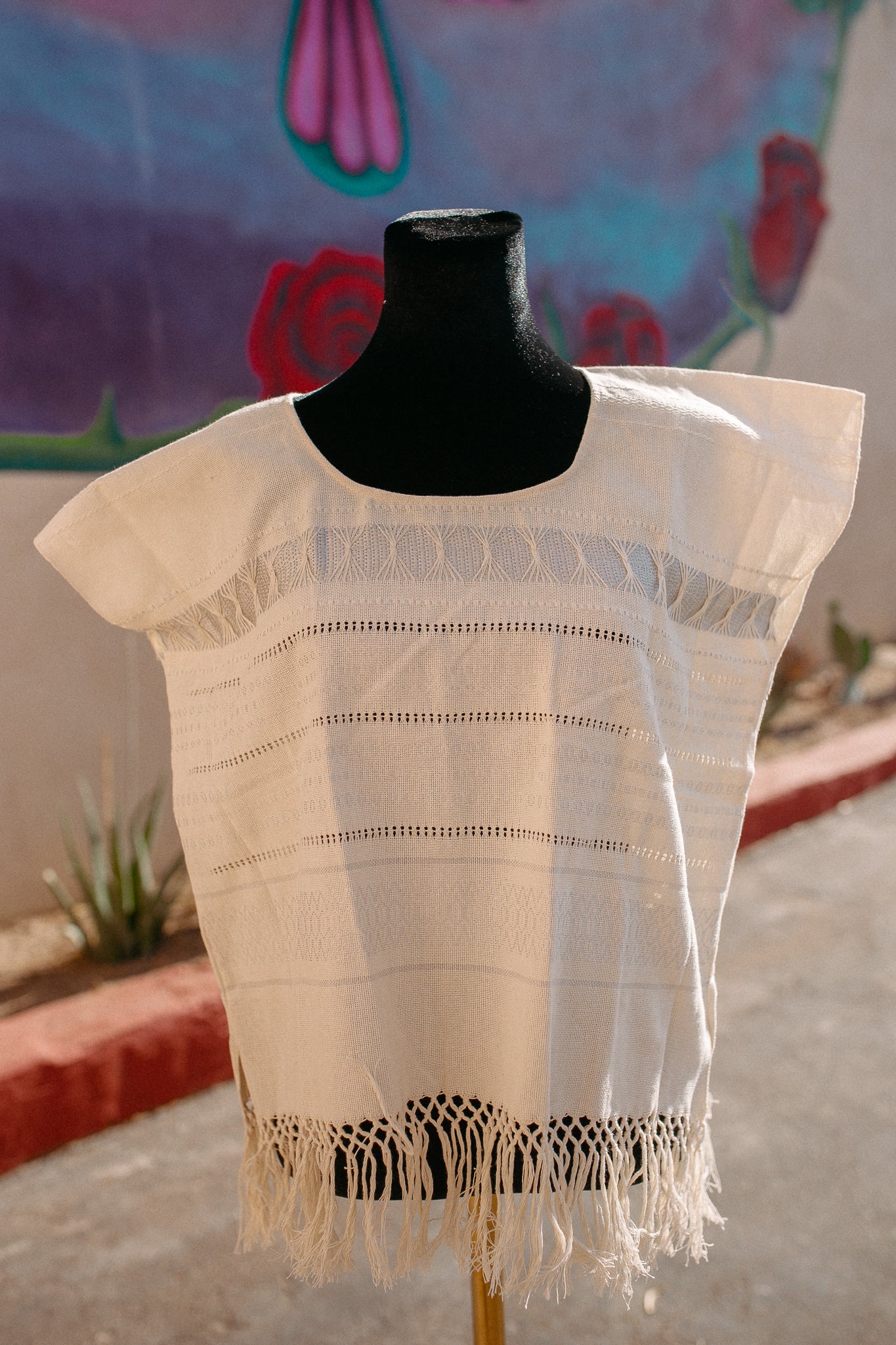 Cream Woven Huipil Deshilado with Fringe