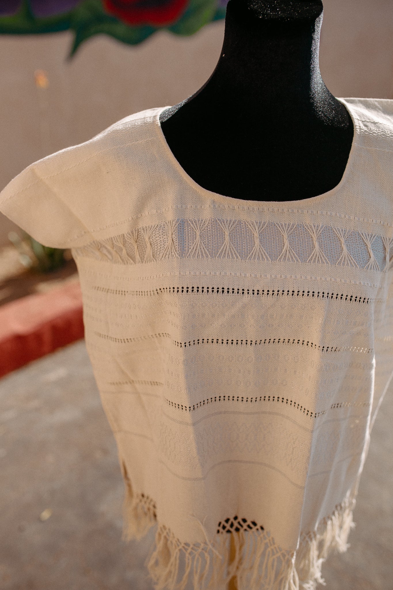 Cream Woven Huipil Deshilado with Fringe