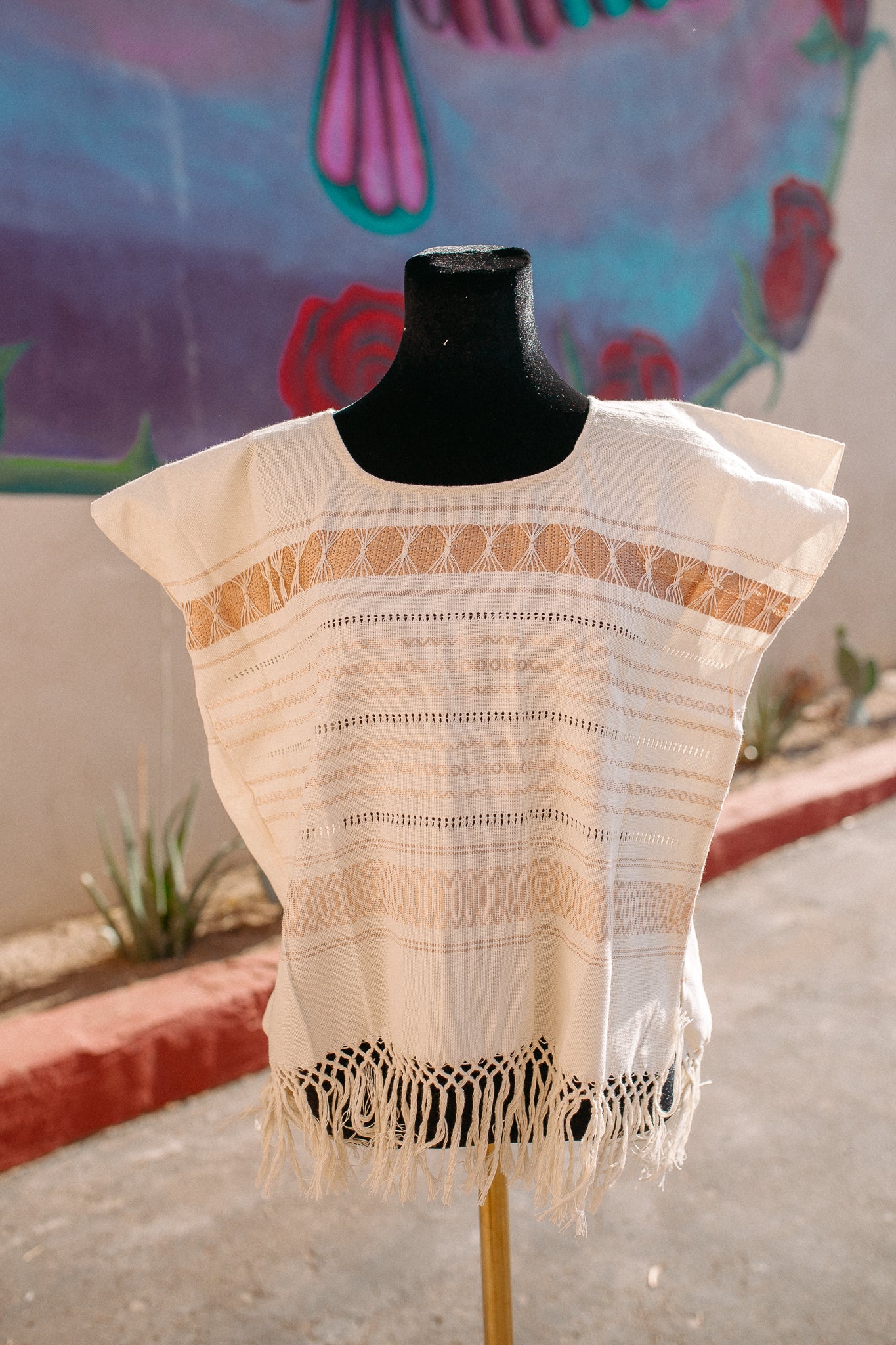 Cream Woven Huipil Deshilado with Fringe