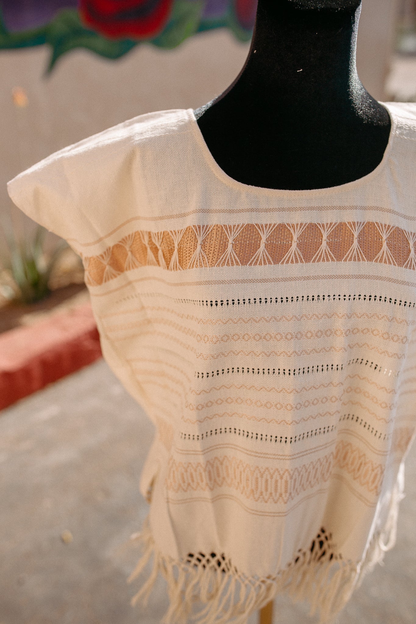 Cream Woven Huipil Deshilado with Fringe