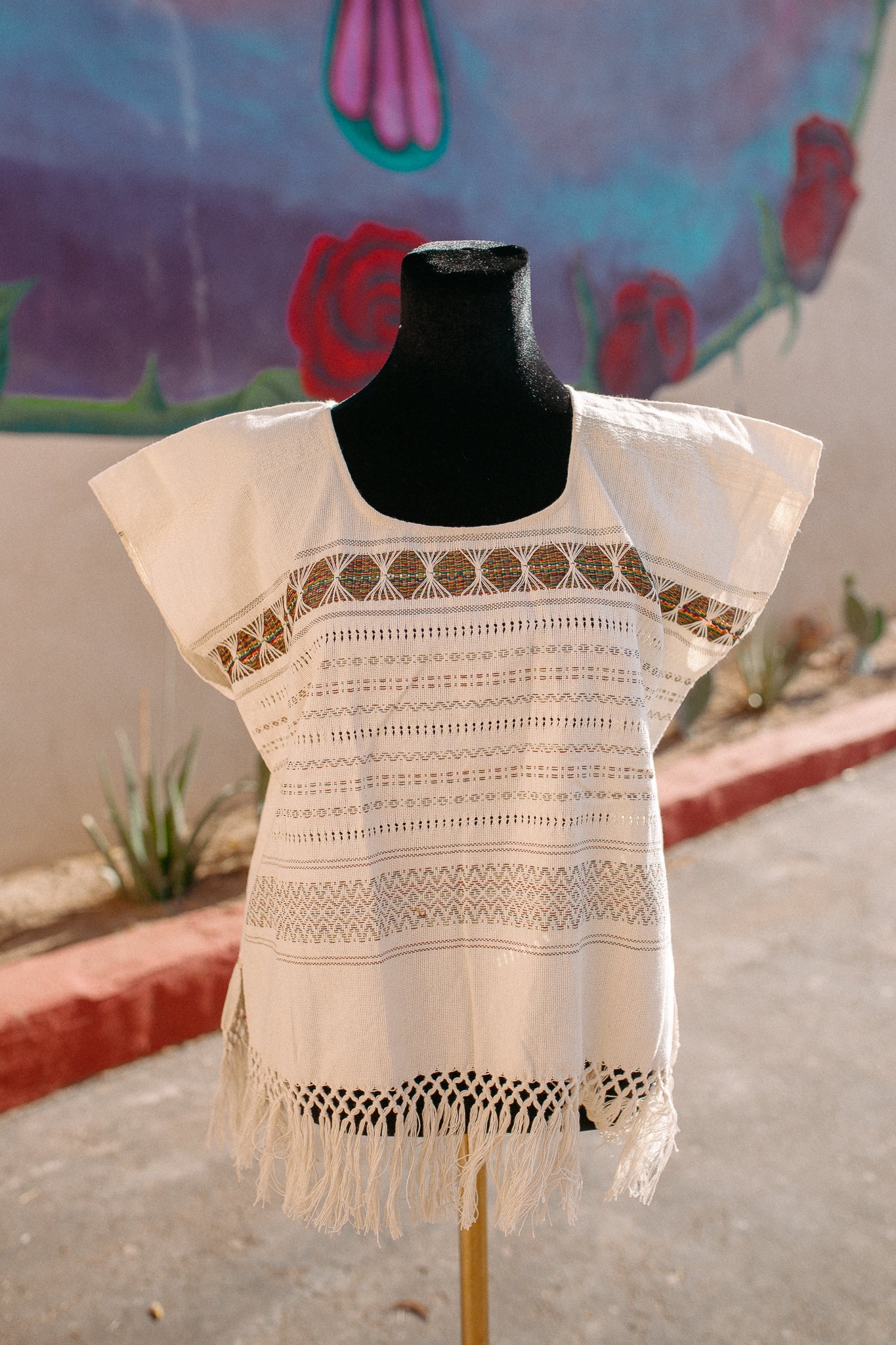 Cream Woven Huipil Deshilado with Fringe