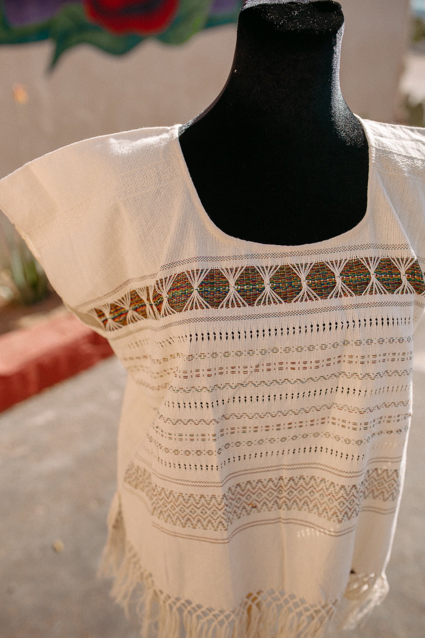 Cream Woven Huipil Deshilado with Fringe