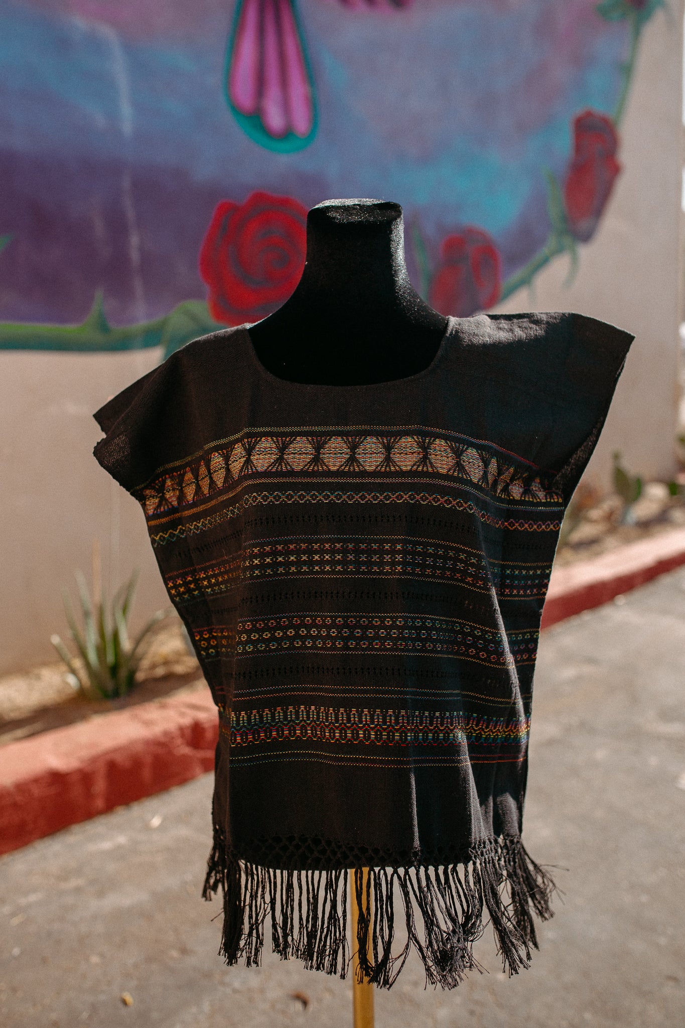 Black Woven Huipil Deshilado with Fringe