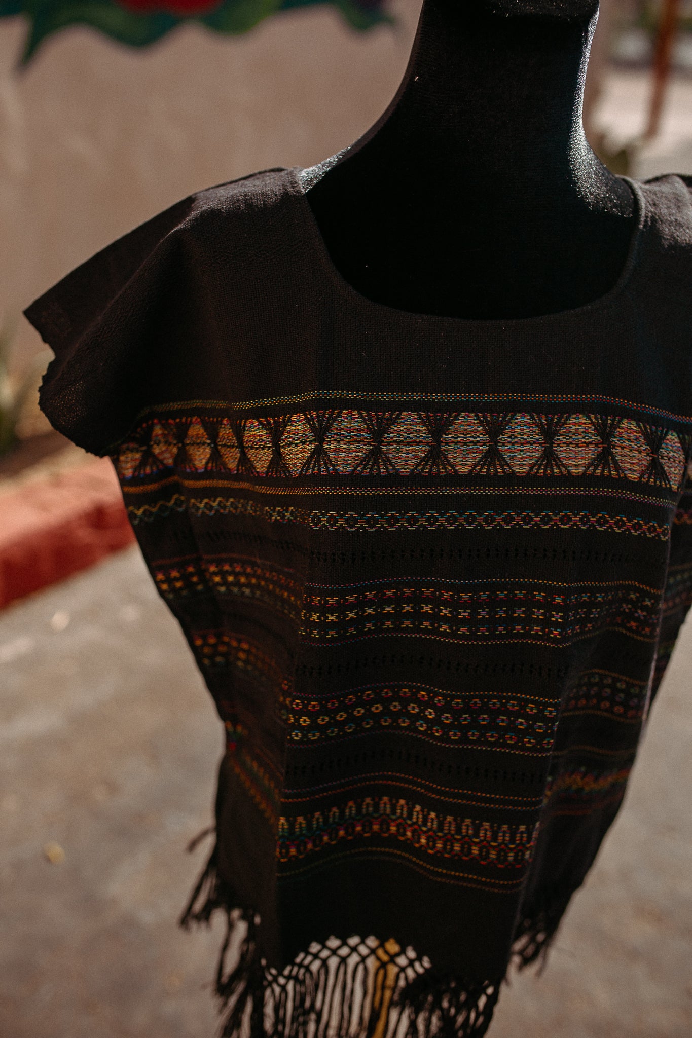 Black Woven Huipil Deshilado with Fringe