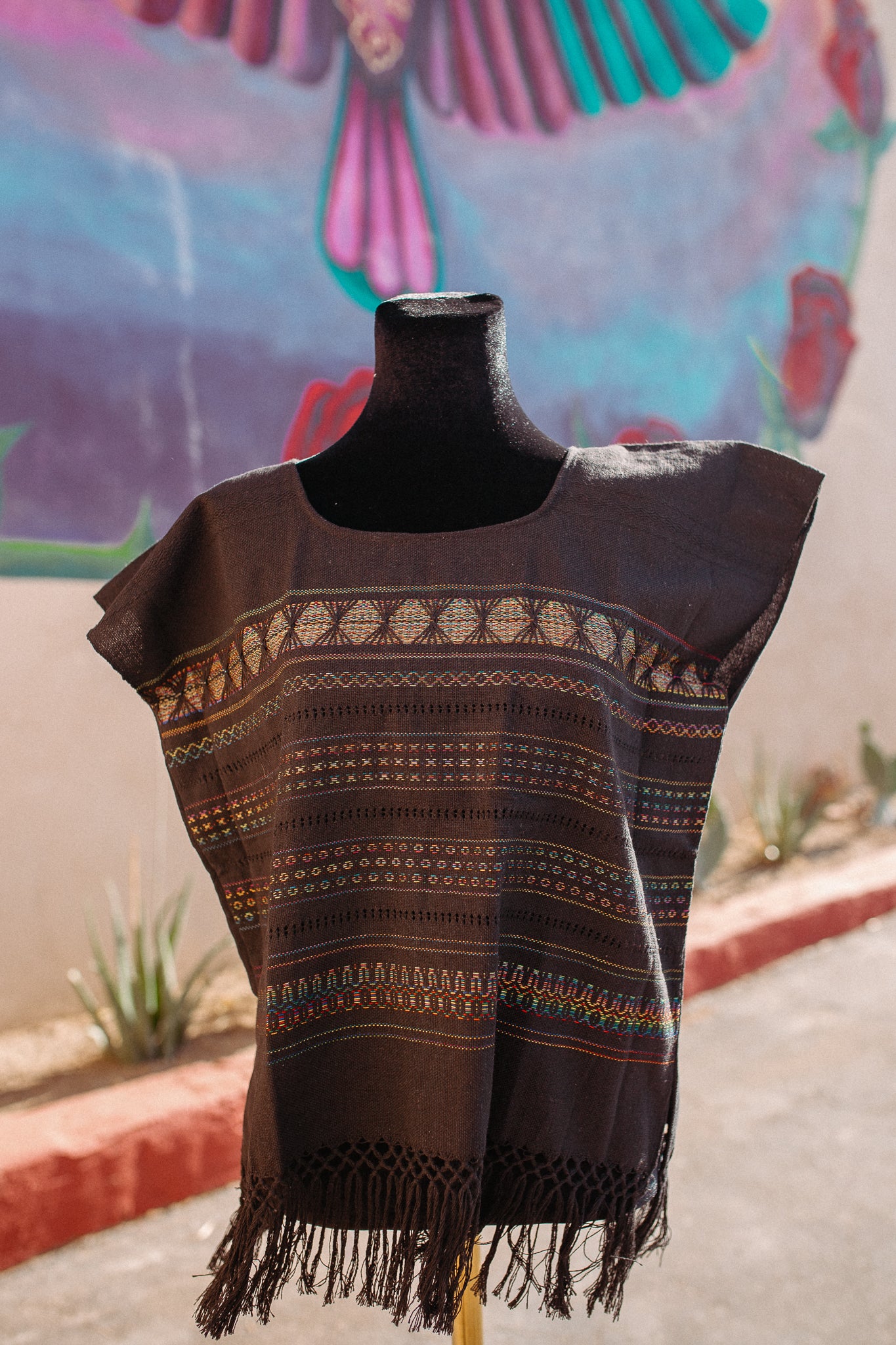 Black Woven Huipil Deshilado with Fringe