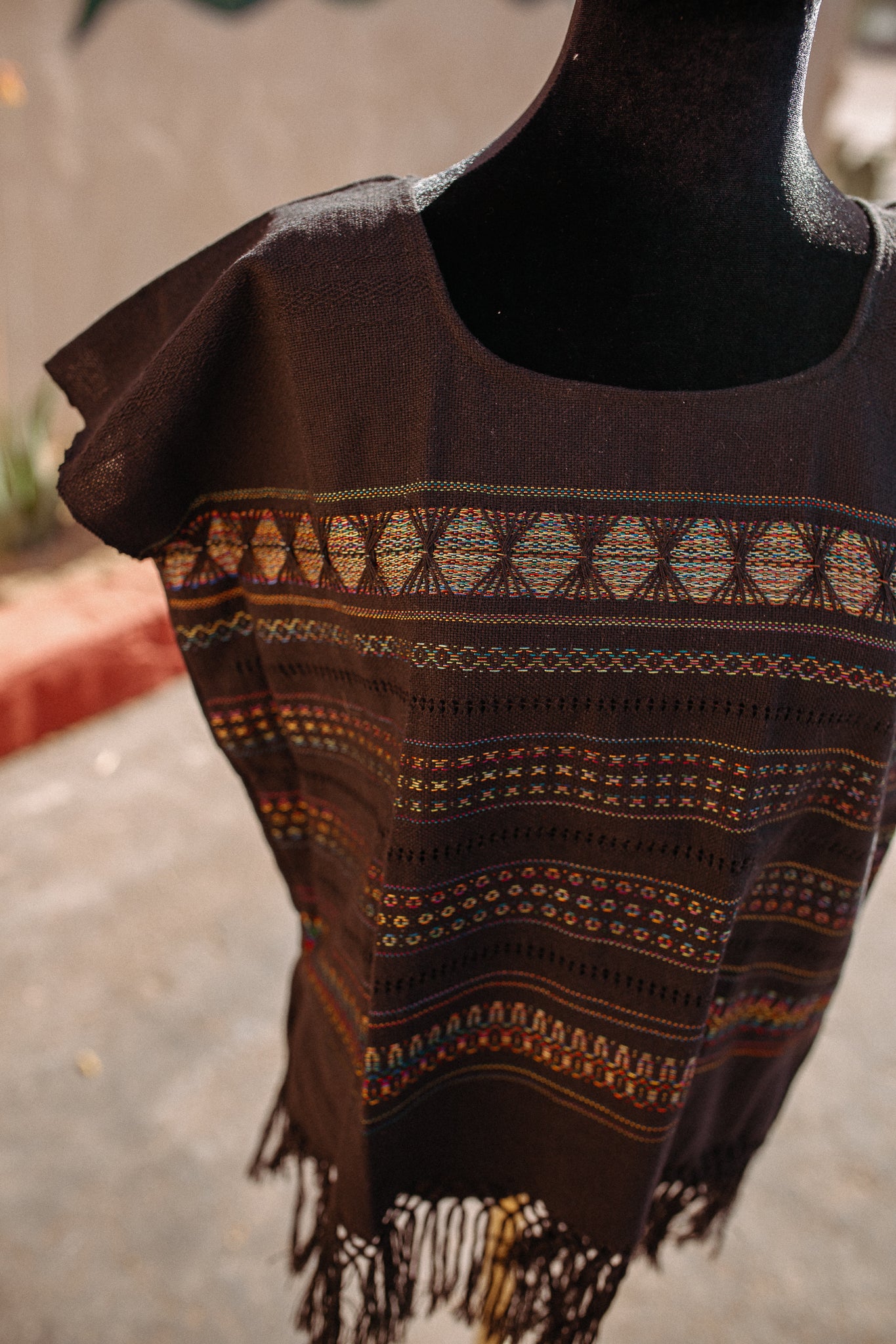 Black Woven Huipil Deshilado with Fringe