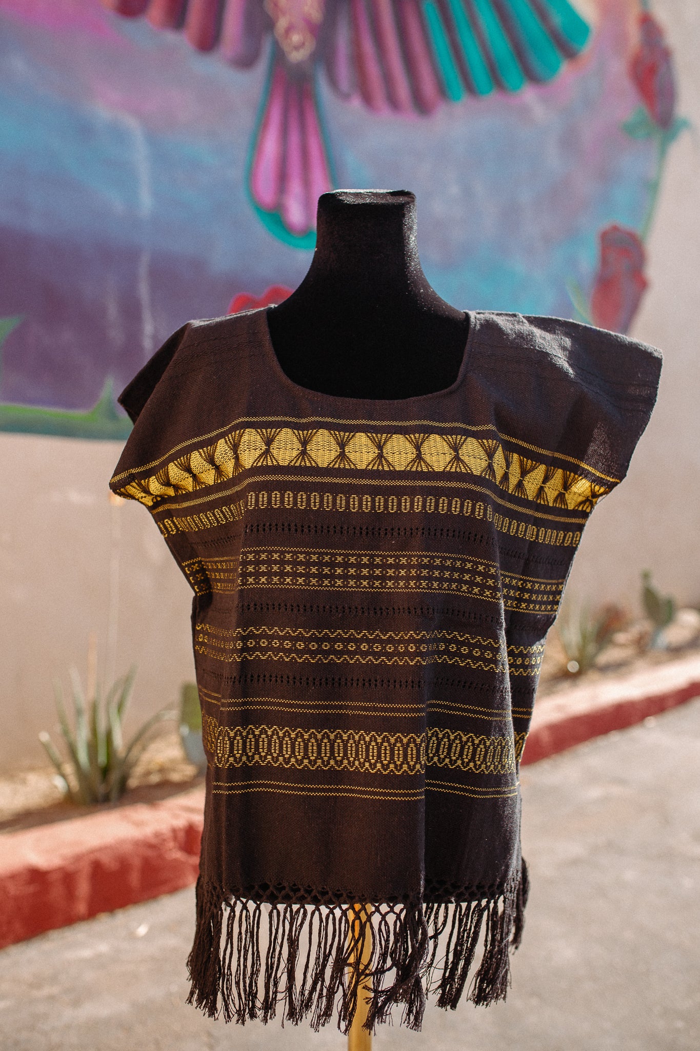 Black Woven Huipil Deshilado with Fringe