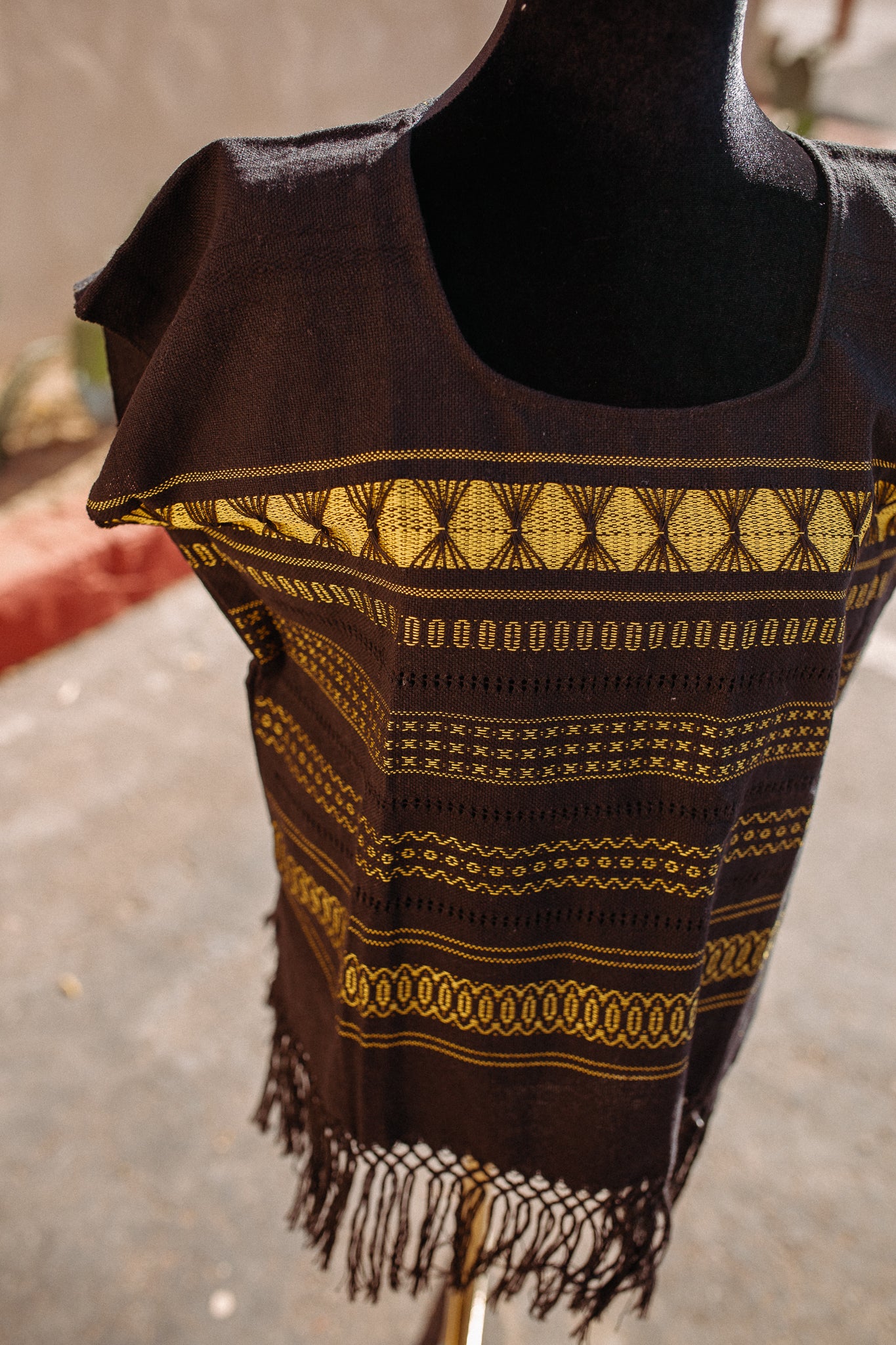 Black Woven Huipil Deshilado with Fringe