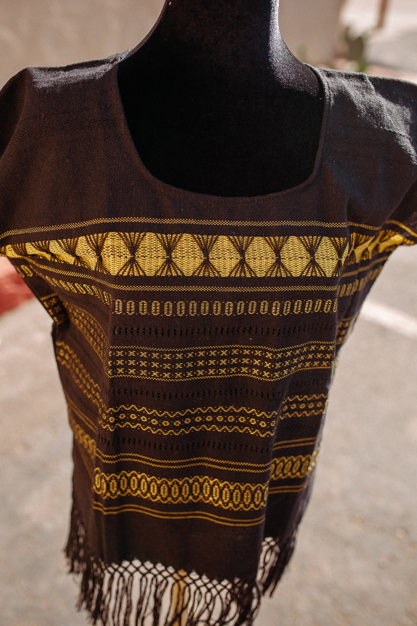 Black Woven Huipil Deshilado with Fringe