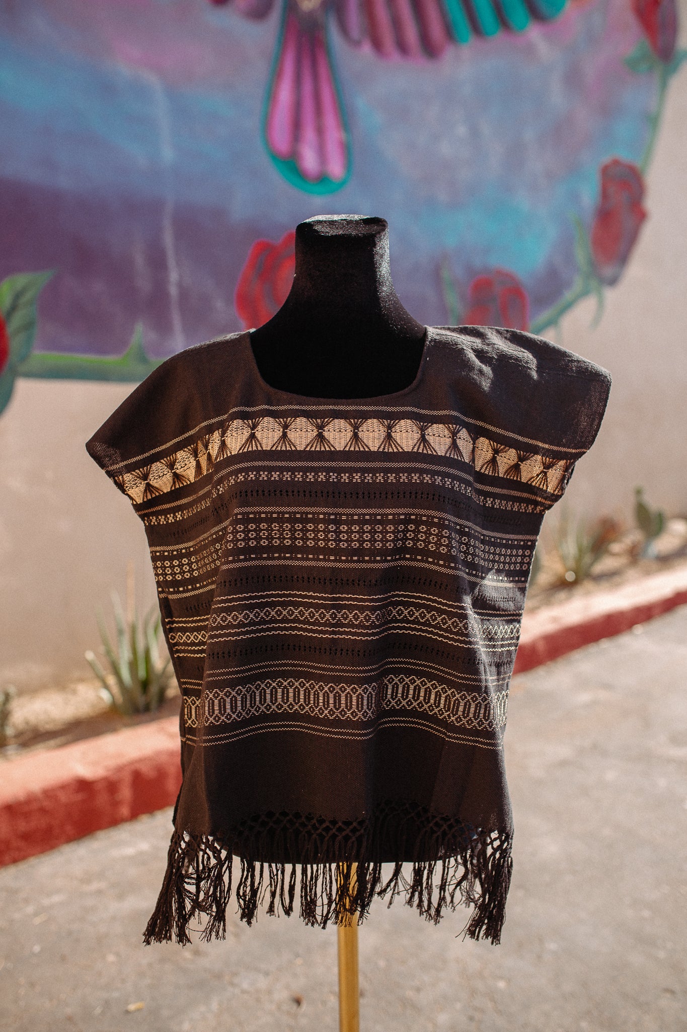 Black Woven Huipil Deshilado with Fringe