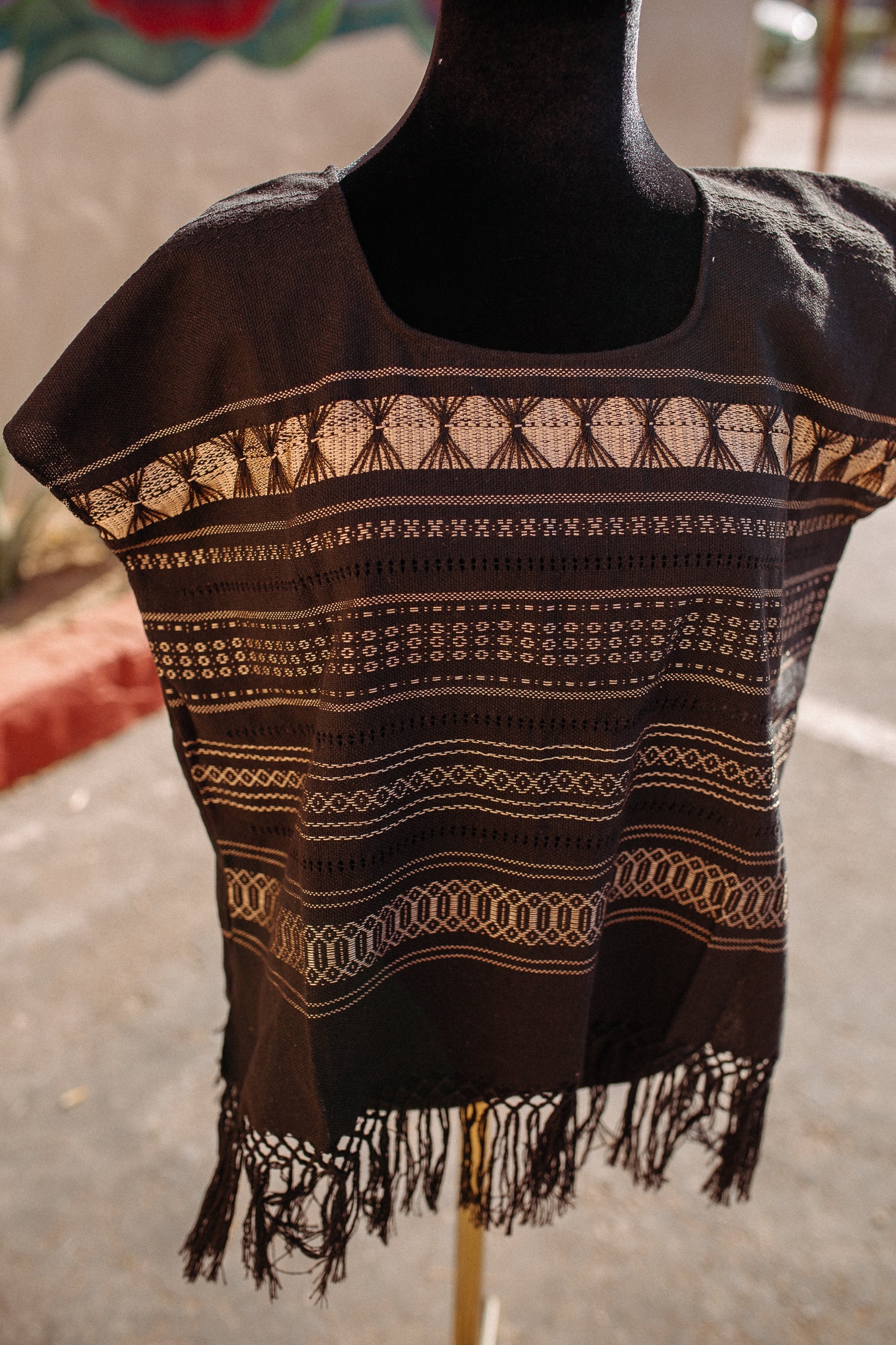 Black Woven Huipil Deshilado with Fringe