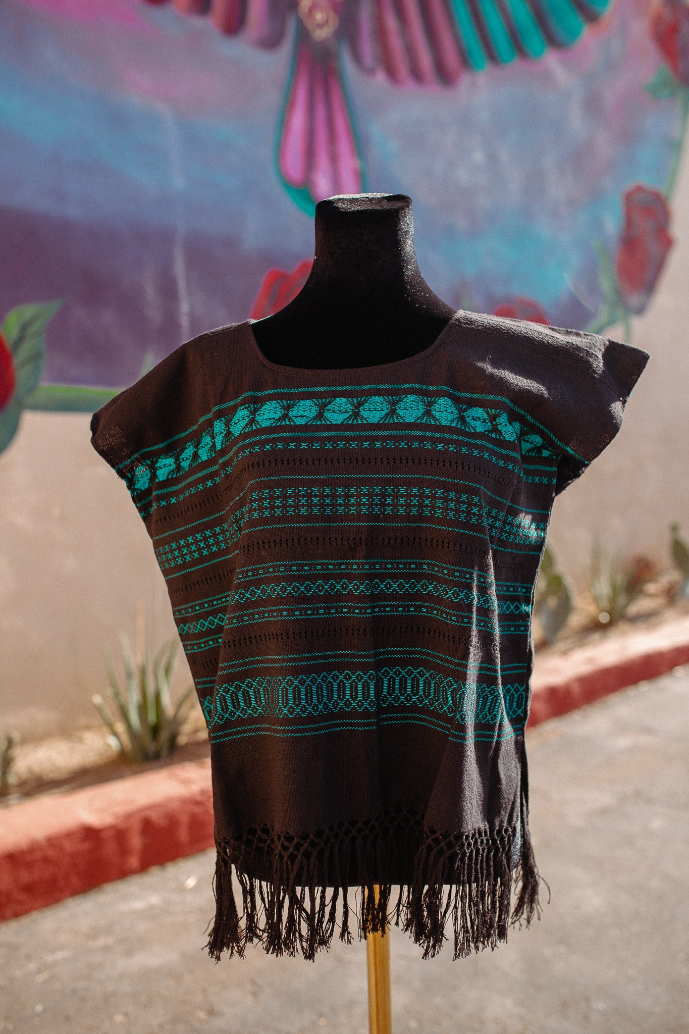 Black Woven Huipil Deshilado with Fringe