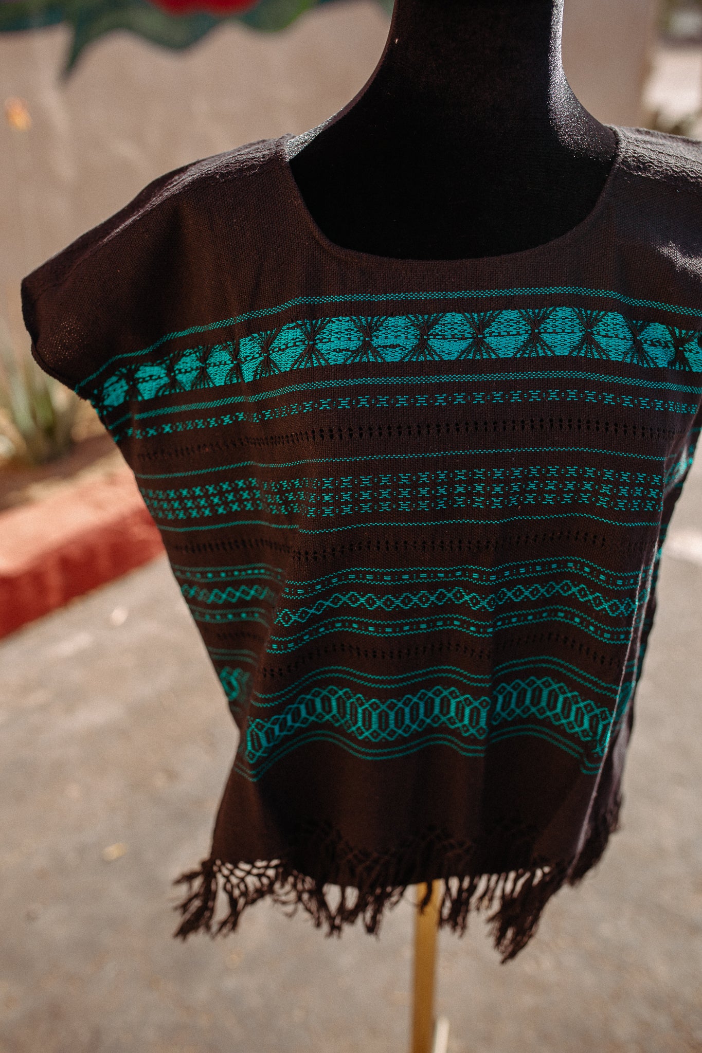 Black Woven Huipil Deshilado with Fringe