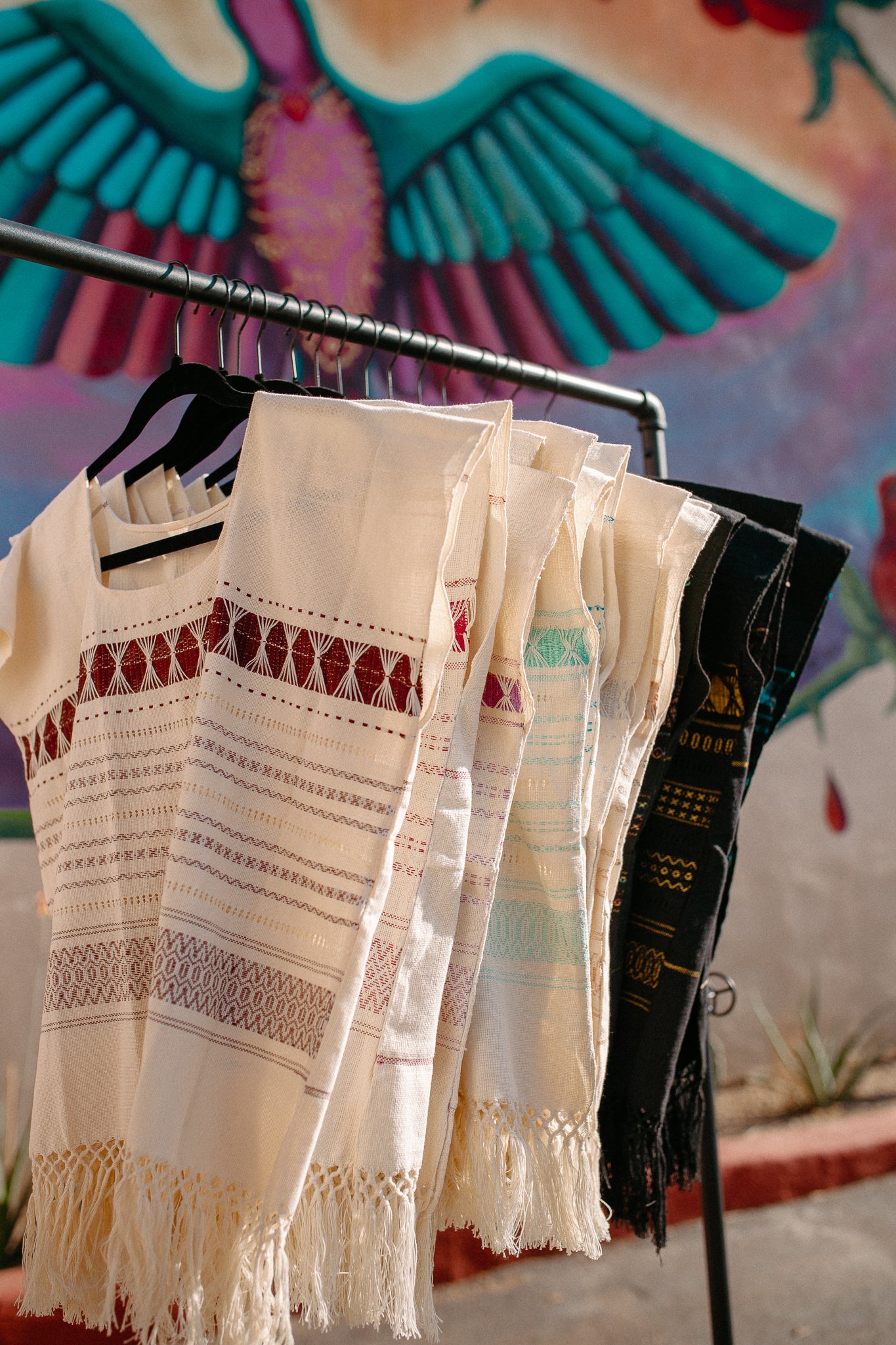 Cream Woven Huipil Deshilado with Fringe