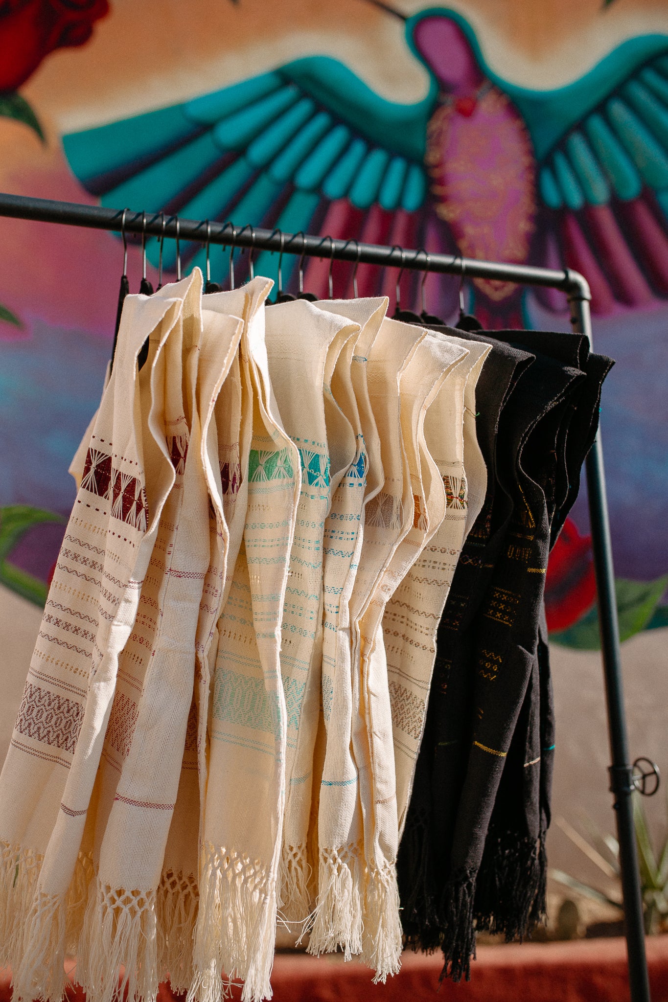 Cream Woven Huipil Deshilado with Fringe
