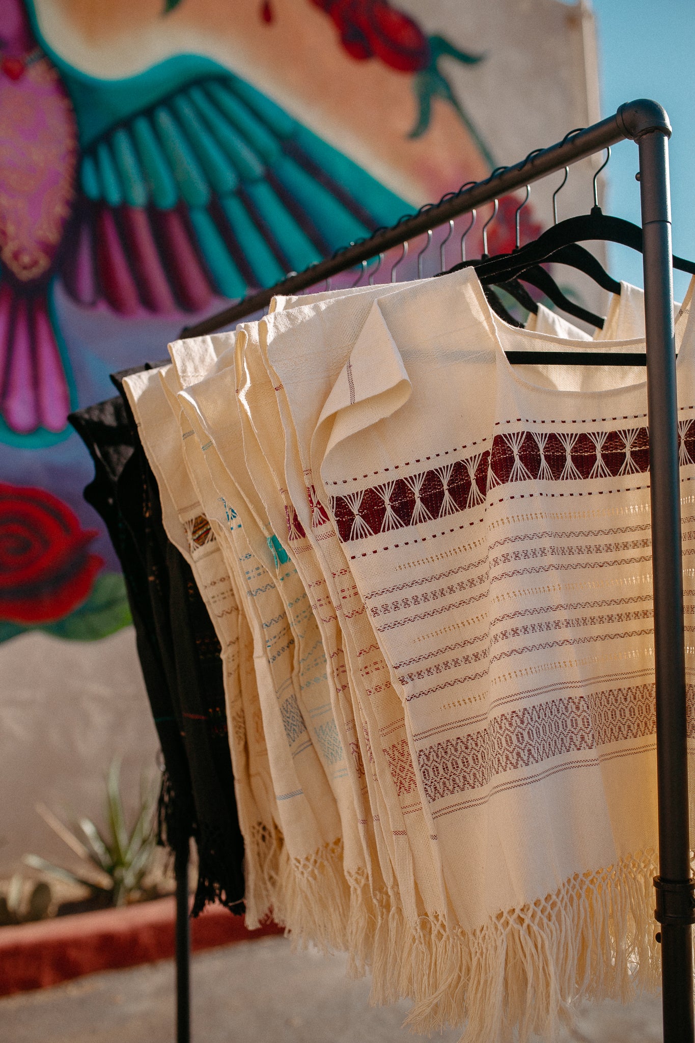 Cream Woven Huipil Deshilado with Fringe
