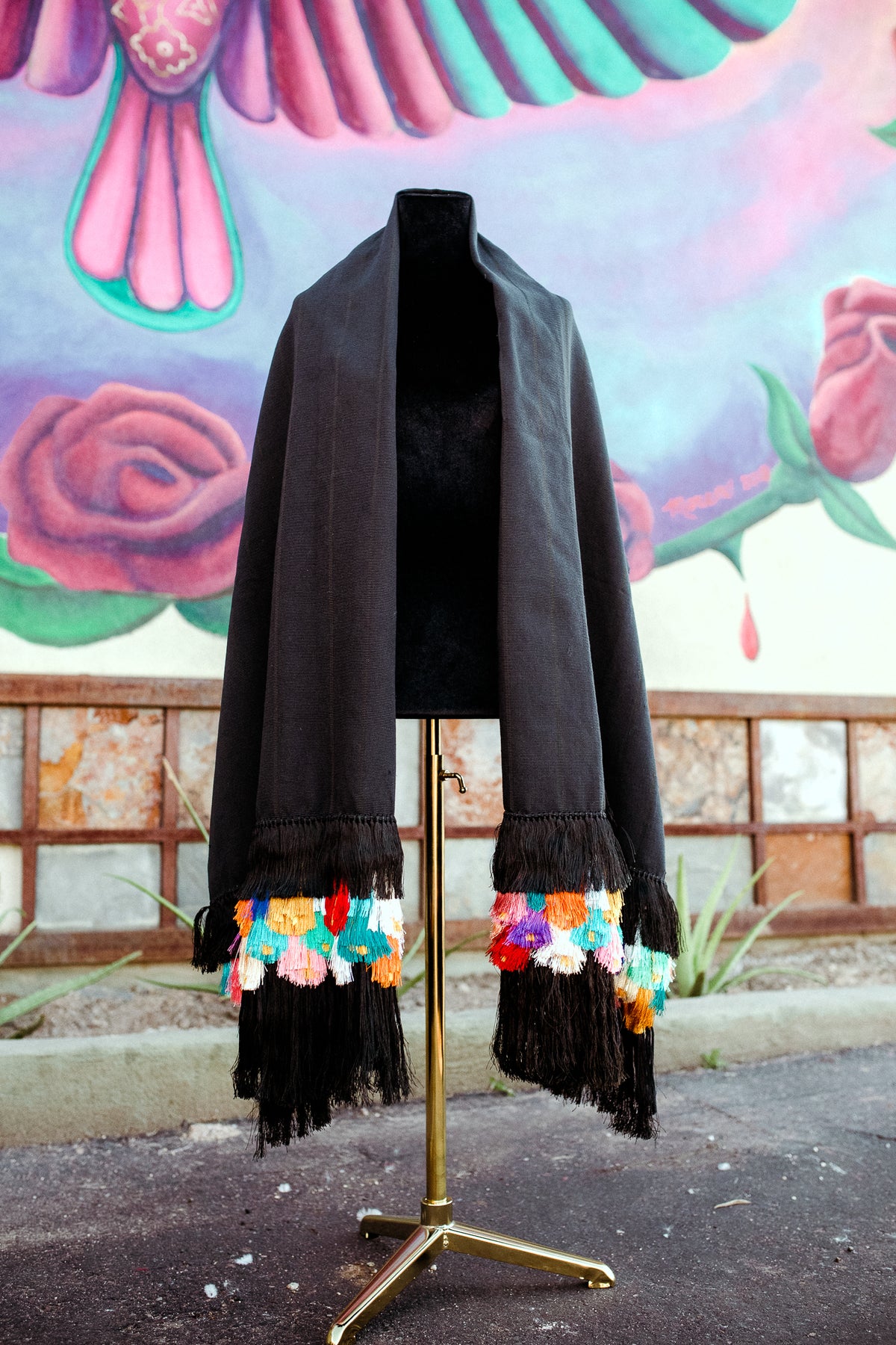 Purepecha Rebozo Black w/ Multicolor Fringe