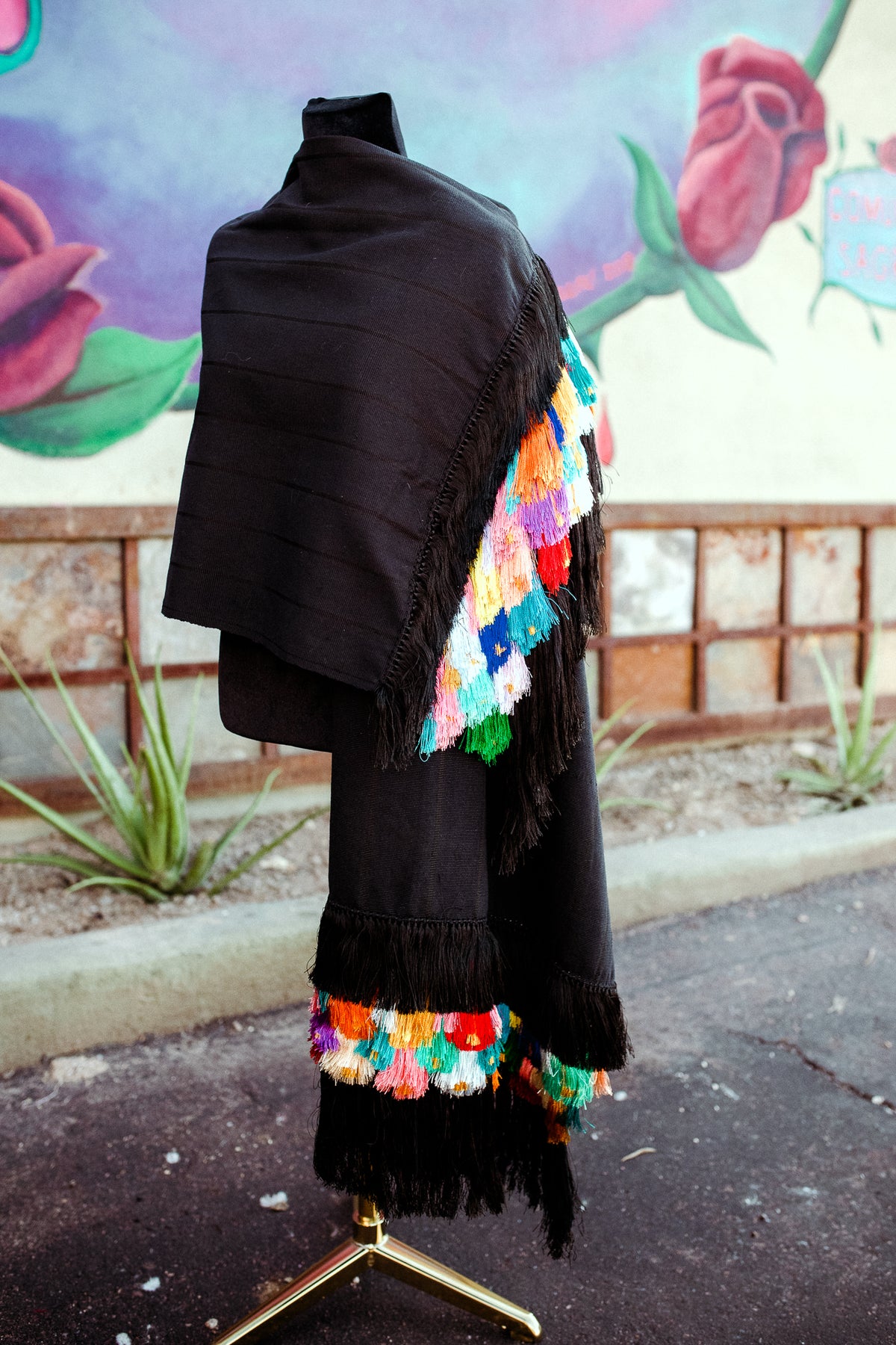 Purepecha Rebozo Black w/ Multicolor Fringe