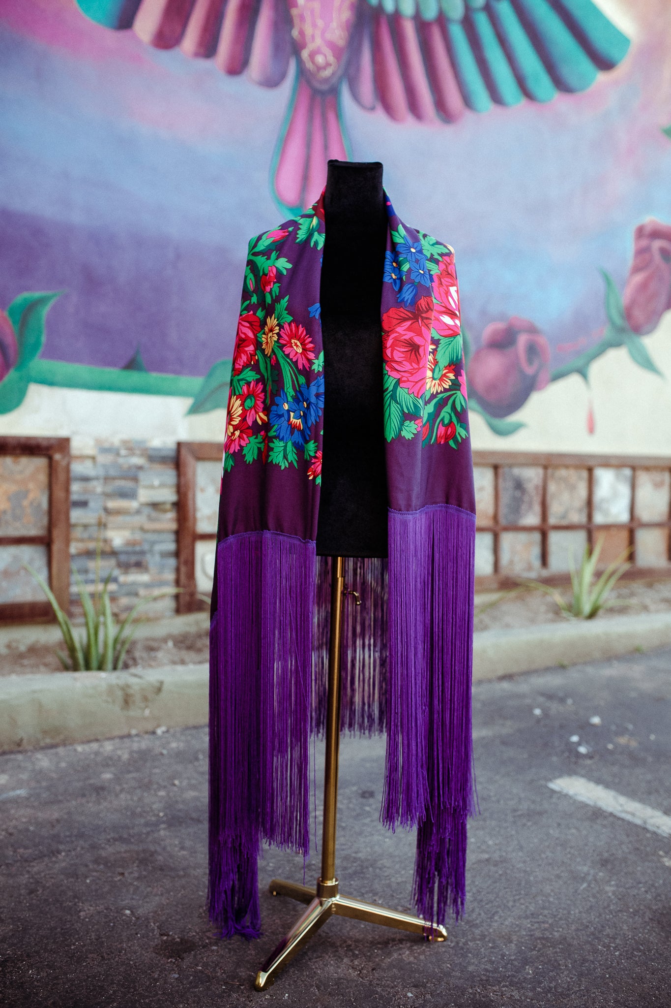 Large Purple Floral Scarf with Fringe