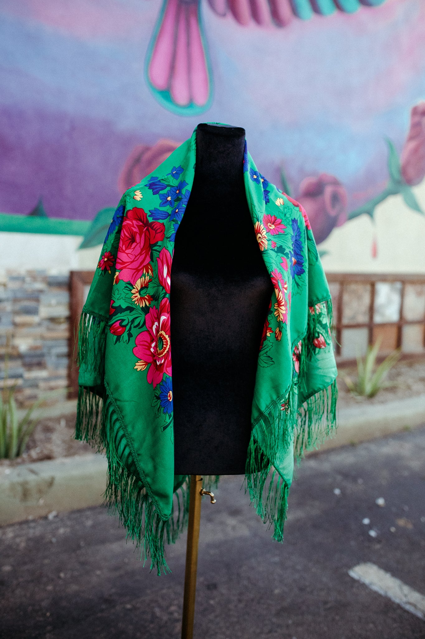 Green Floral Scarf with Fringe