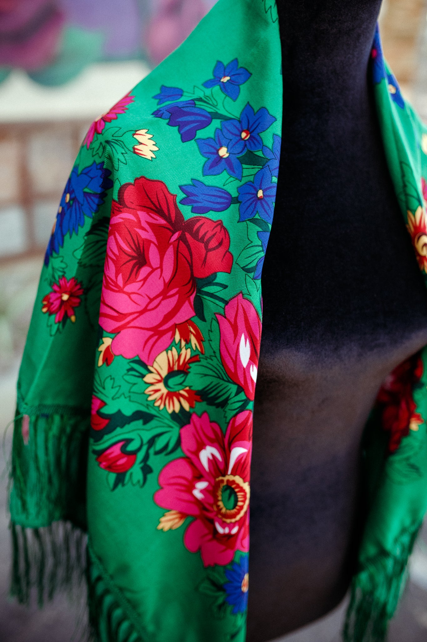 Green Floral Scarf with Fringe