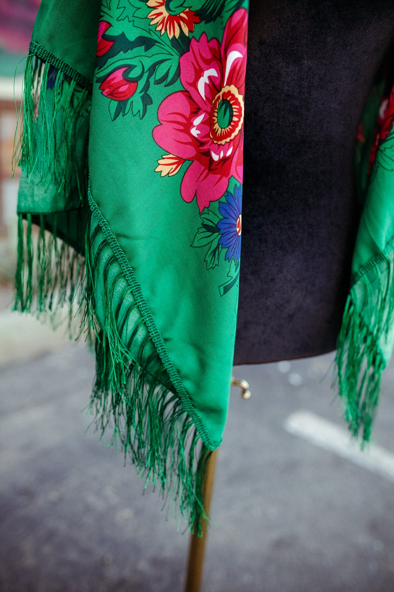 Green Floral Scarf with Fringe